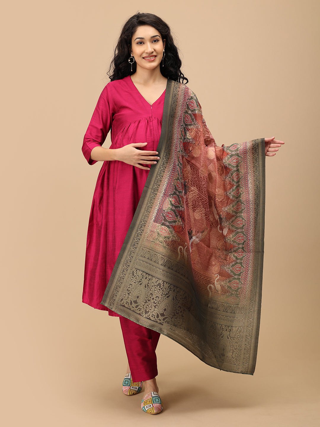  Magentastic Maternity and Nursing Silk Kurta Set Magenta