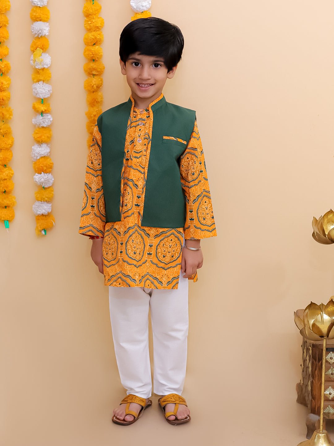 Marigold Mosaic Yellow Floral Print Boys Jacket Kurta Pajama Set