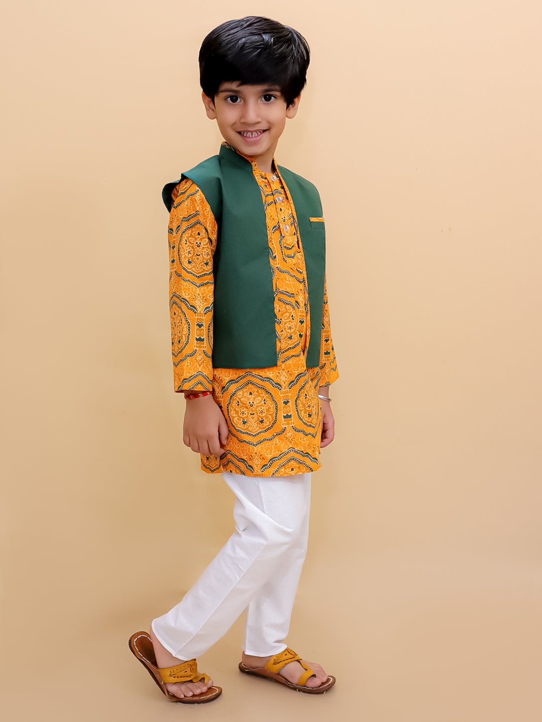 Marigold Mosaic Yellow Floral Print Boys Jacket Kurta Pajama Set