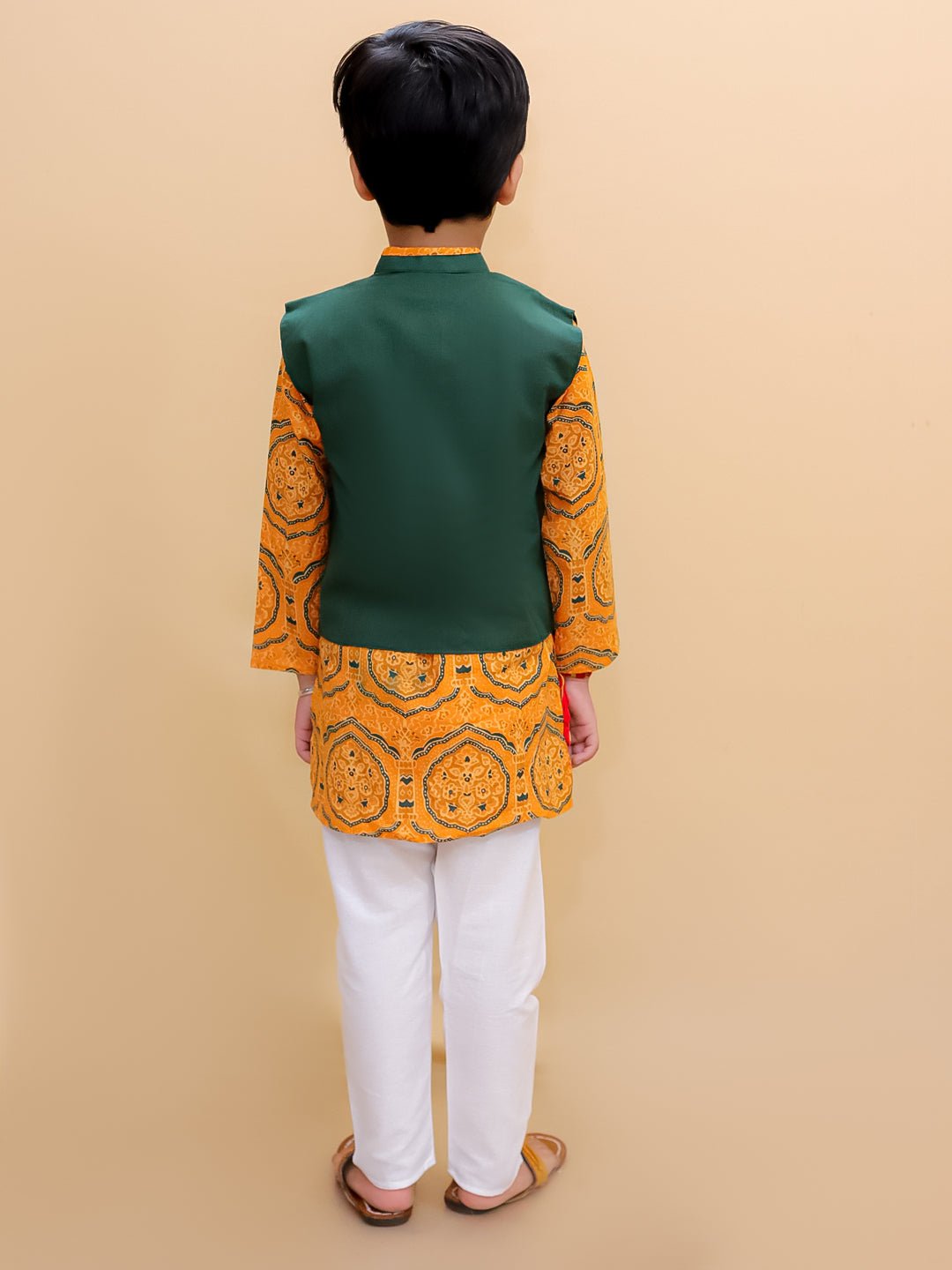 Marigold Mosaic Yellow Floral Print Boys Jacket Kurta Pajama Set