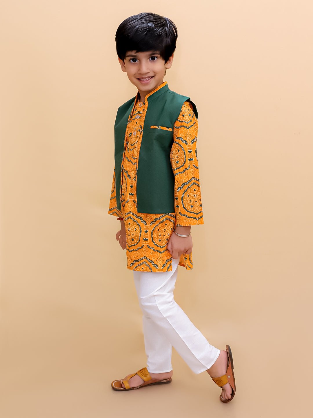 Marigold Mosaic Yellow Floral Print Boys Jacket Kurta Pajama Set