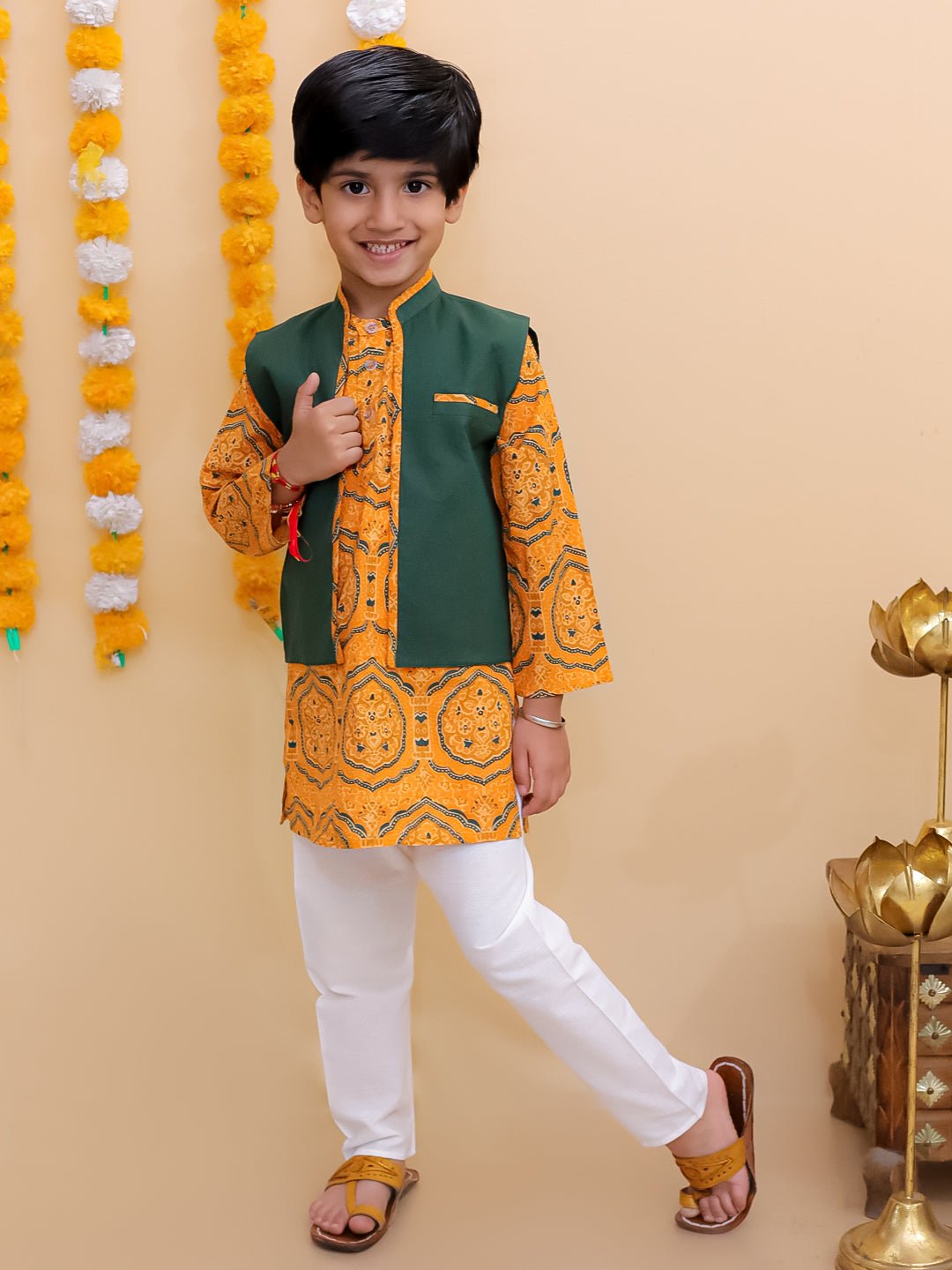 Marigold Mosaic Yellow Floral Print Boys Jacket Kurta Pajama Set