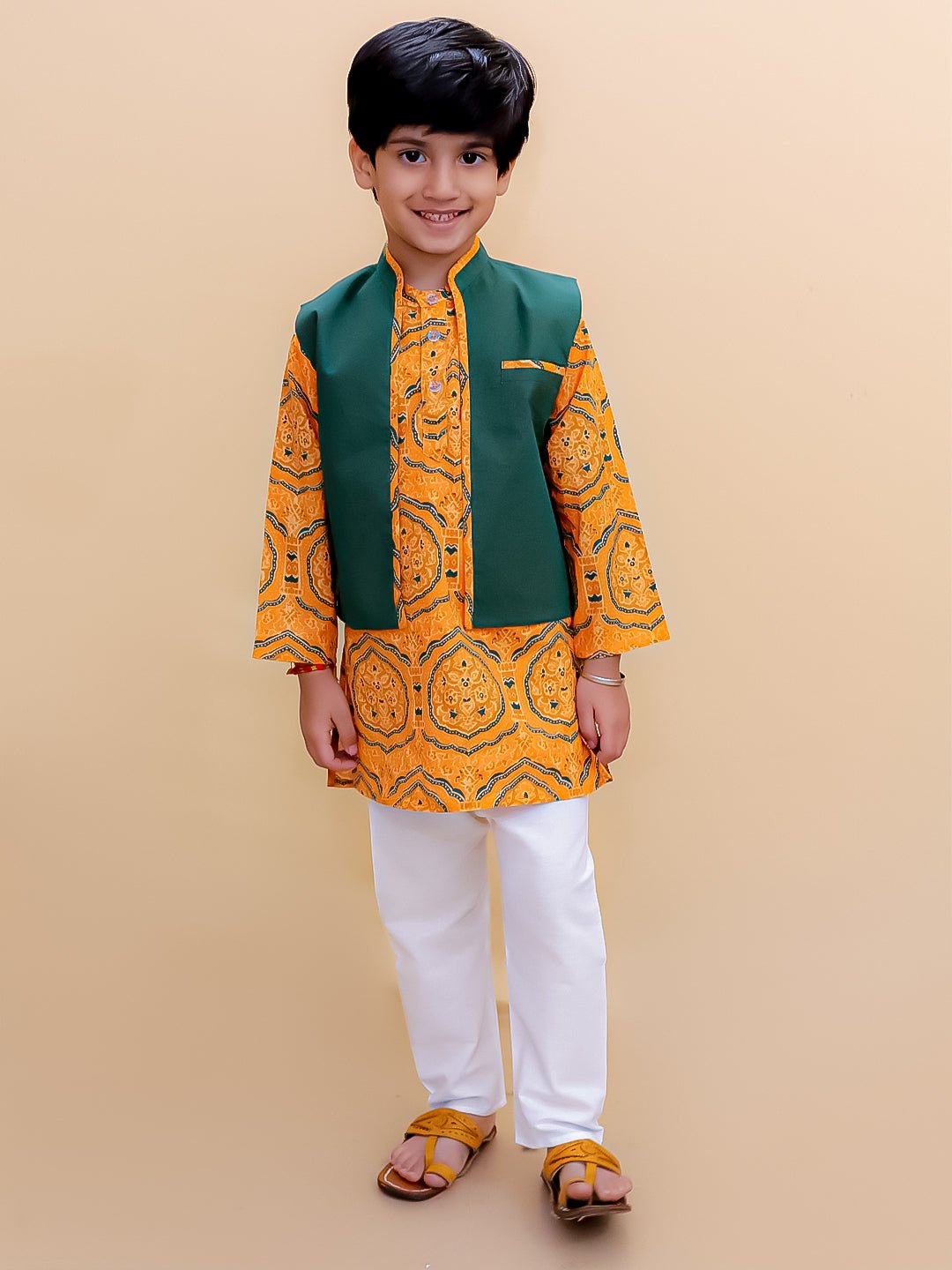 Marigold Mosaic Yellow Floral Print Boys Jacket Kurta Pajama Set