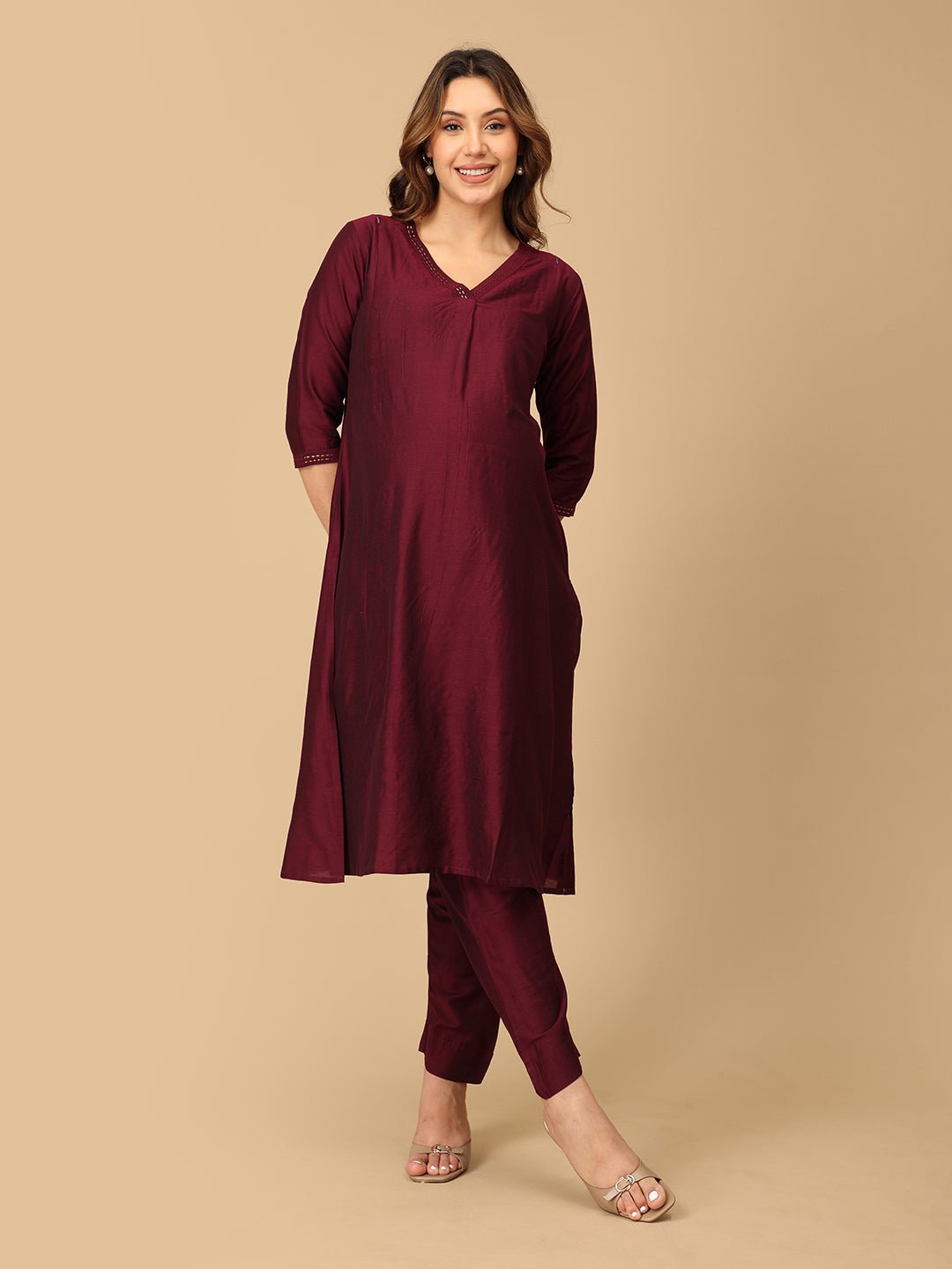  Marilyn Merlot Embroidered Maternity and Nursing Kurta Set Wine