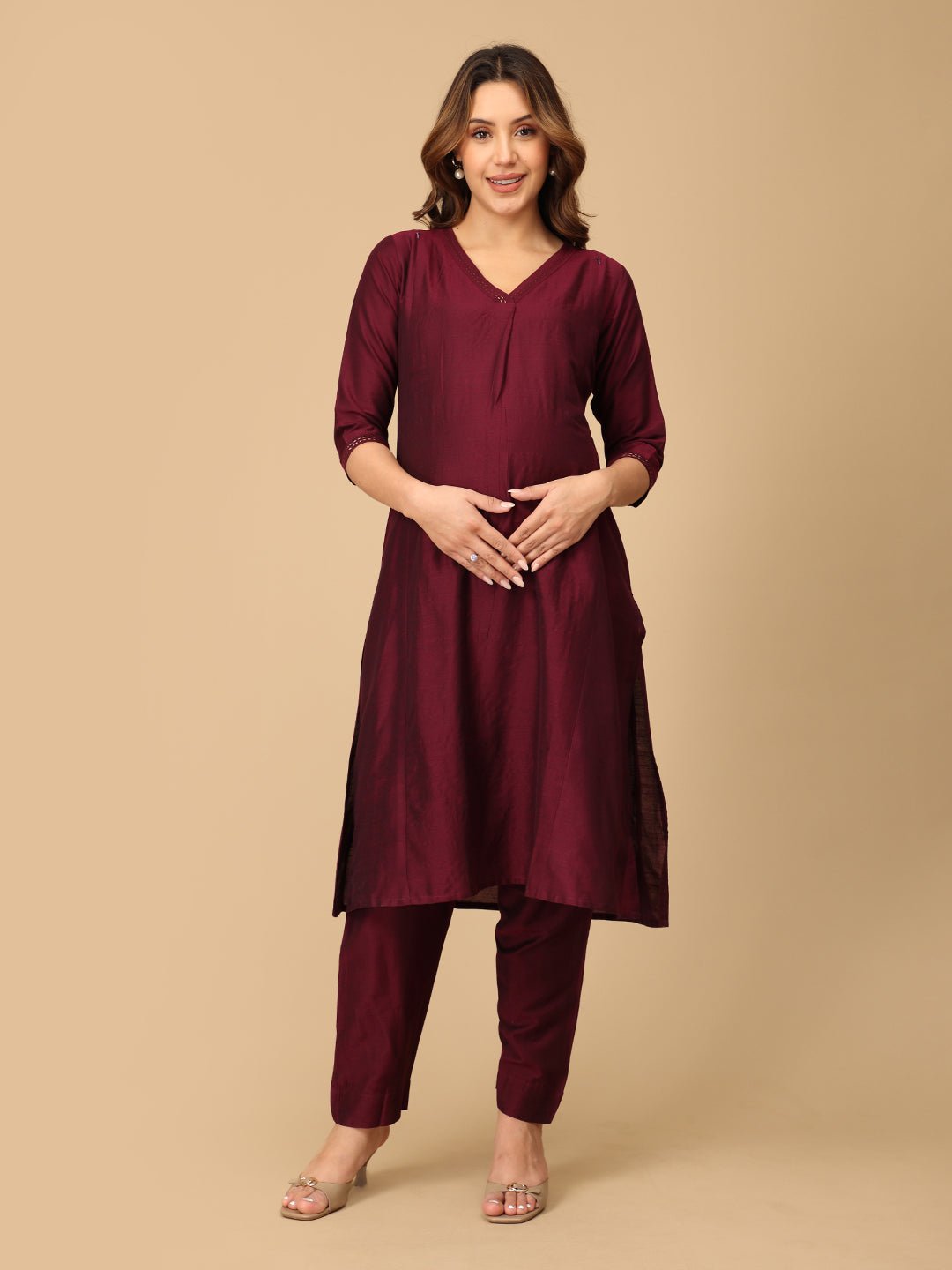  Marilyn Merlot Embroidered Maternity and Nursing Silk Kurta Set Wine