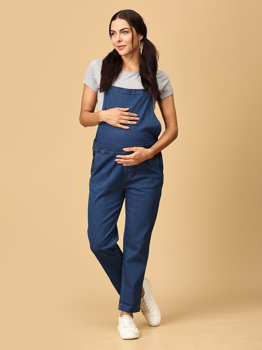  Maternity Denim Dungaree with Side Buttons Blue