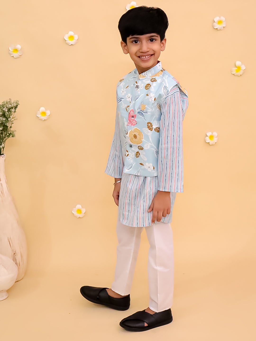 Megh Malhaar Boys Floral Print Jacket And Kurta Pajama Set