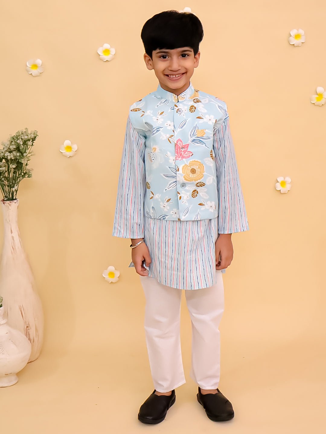 Megh Malhaar Boys Floral Print Jacket And Kurta Pajama Set