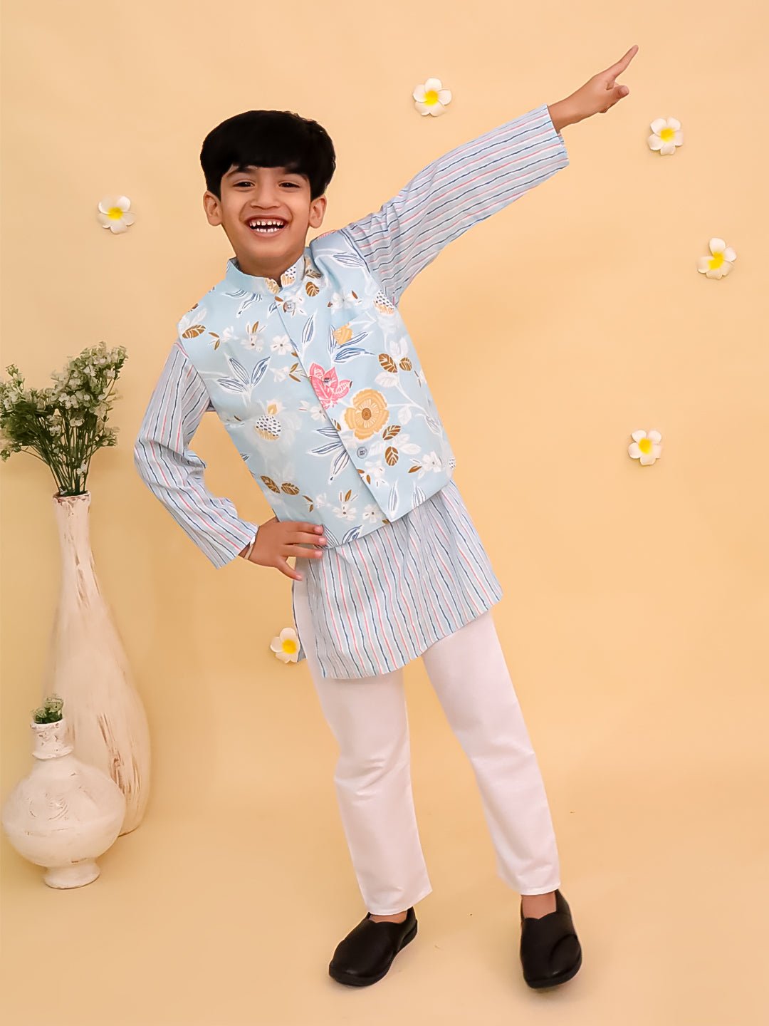Megh Malhaar Boys Floral Print Jacket And Kurta Pajama Set