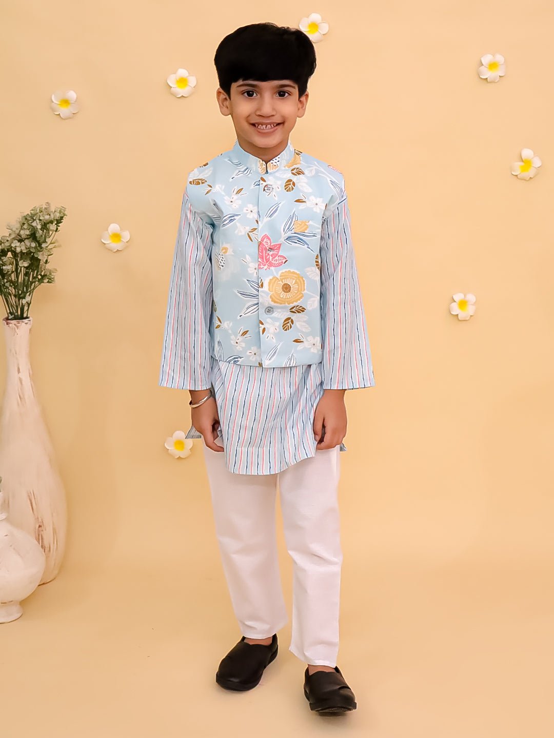 Megh Malhaar Boys Floral Print Jacket And Kurta Pajama Set