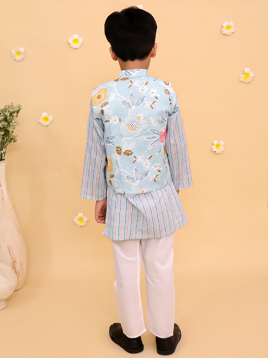Megh Malhaar Boys Floral Print Jacket And Kurta Pajama Set