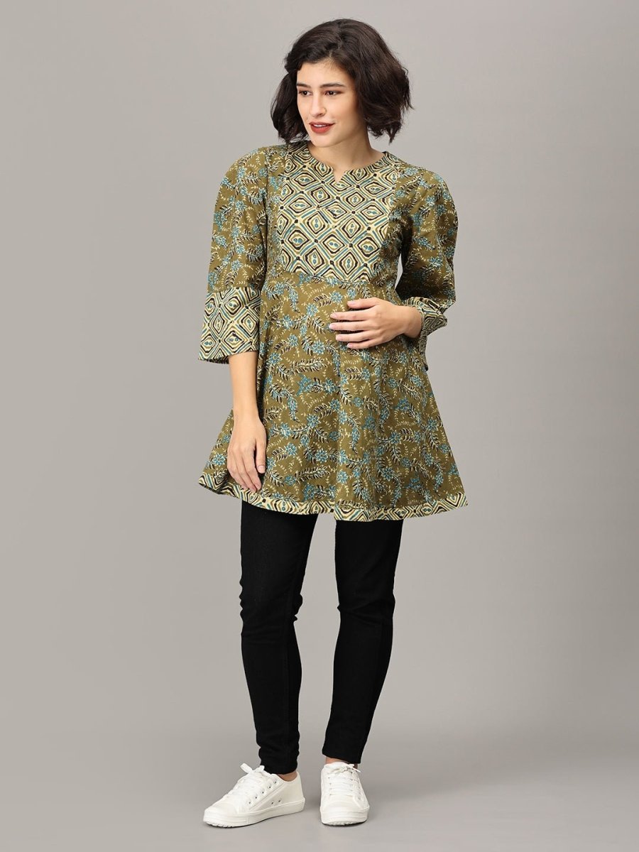  Mehendi Nights Maternity and Nursing Short Kurti Olive