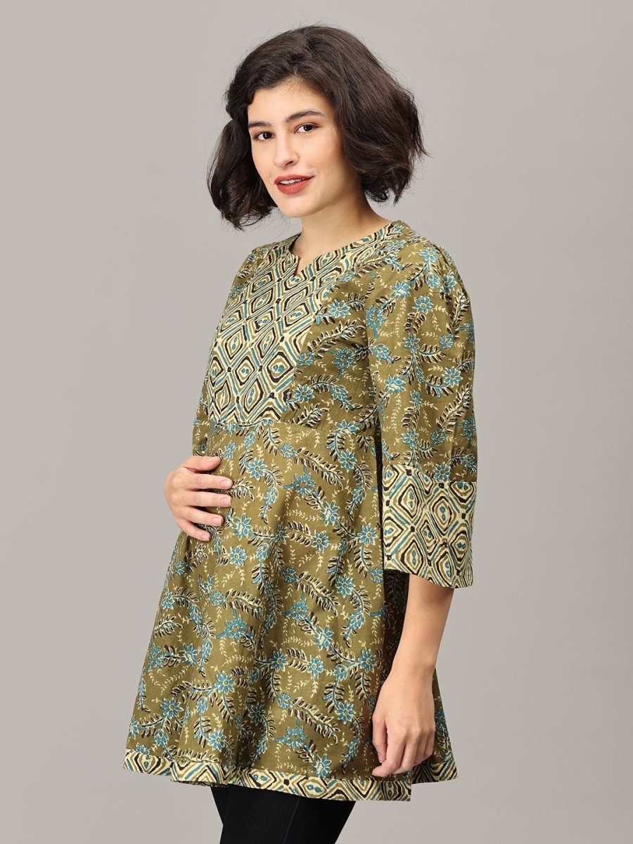  Mehendi Nights Maternity and Nursing Short Kurti Olive