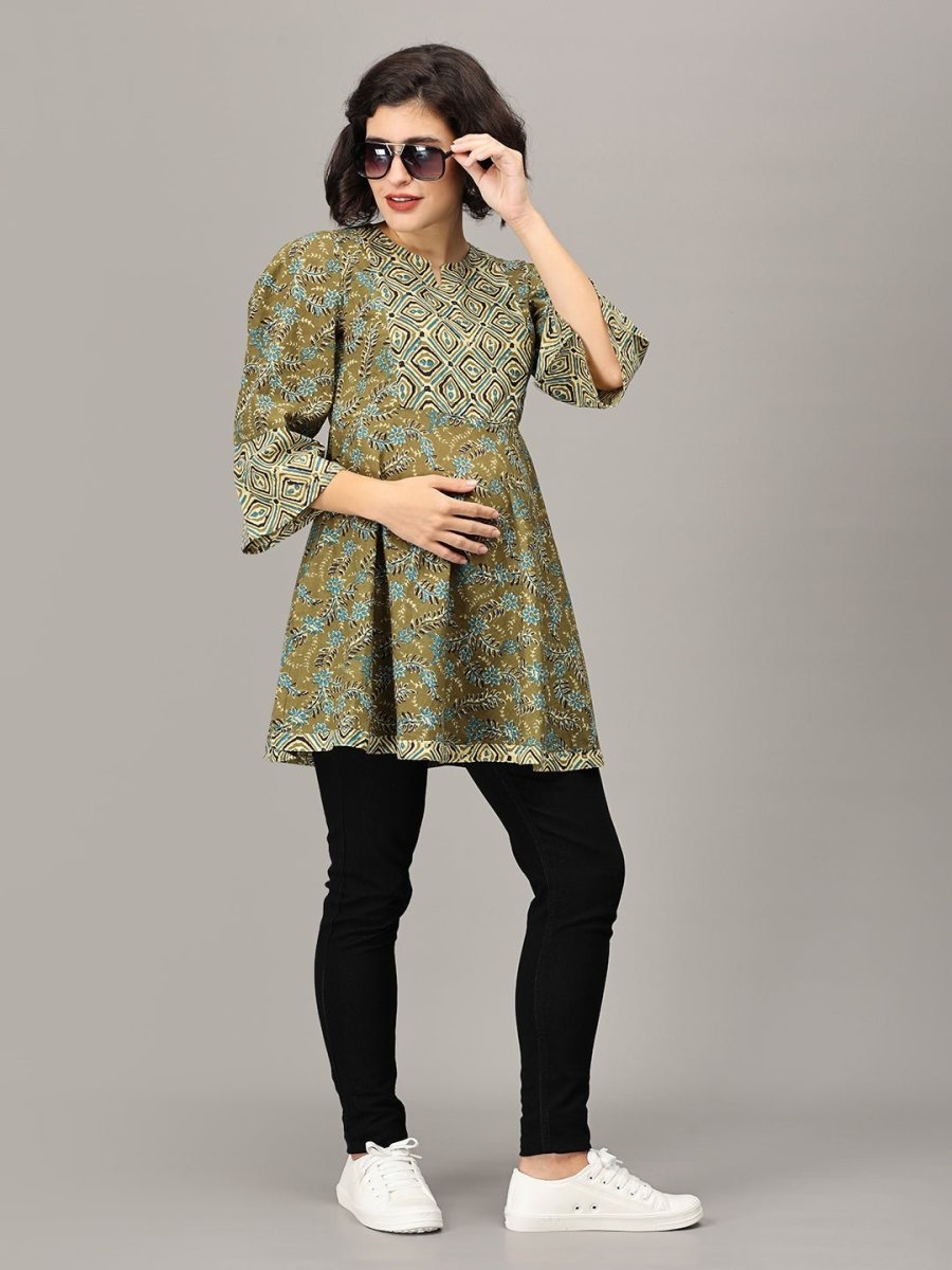  Mehendi Nights Maternity and Nursing Short Kurti Olive