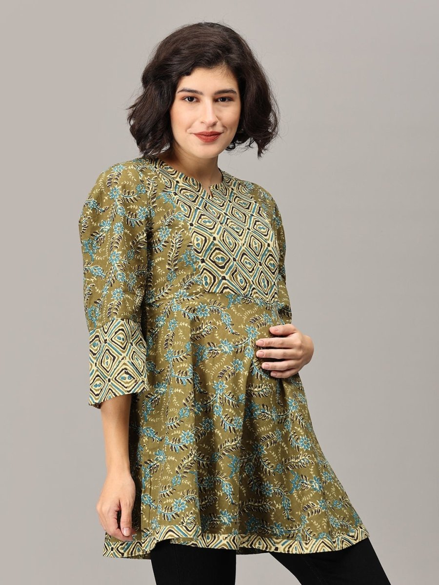  Mehendi Nights Maternity and Nursing Short Kurti Olive