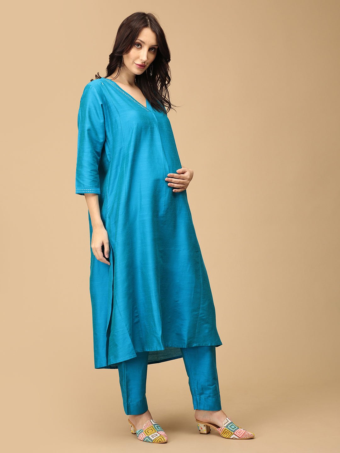  Mermaid Moment Embroidered Maternity and Nursing Silk Kurta Set Aqua Blue