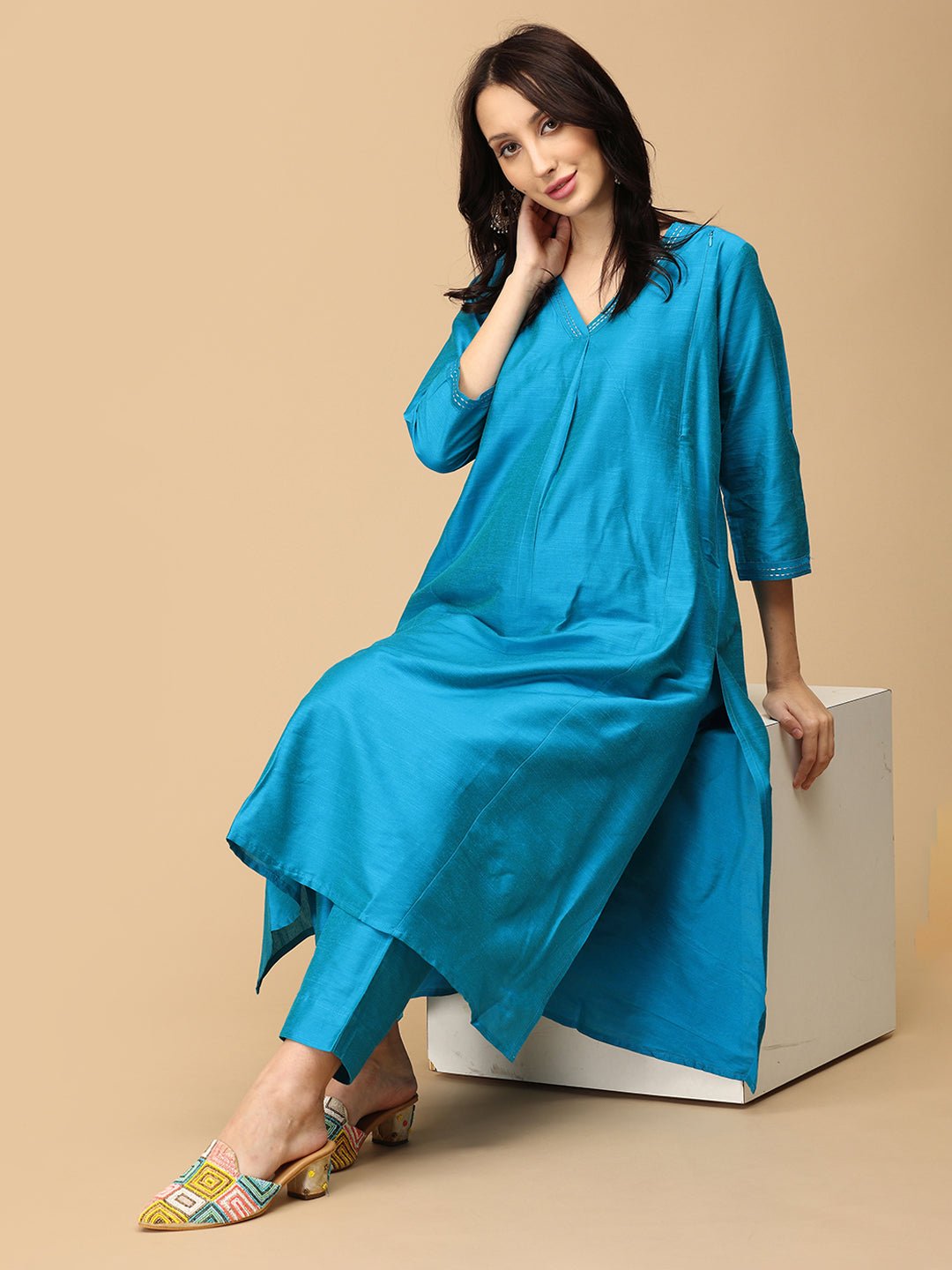  Mermaid Moment Embroidered Maternity and Nursing Silk Kurta Set Aqua Blue