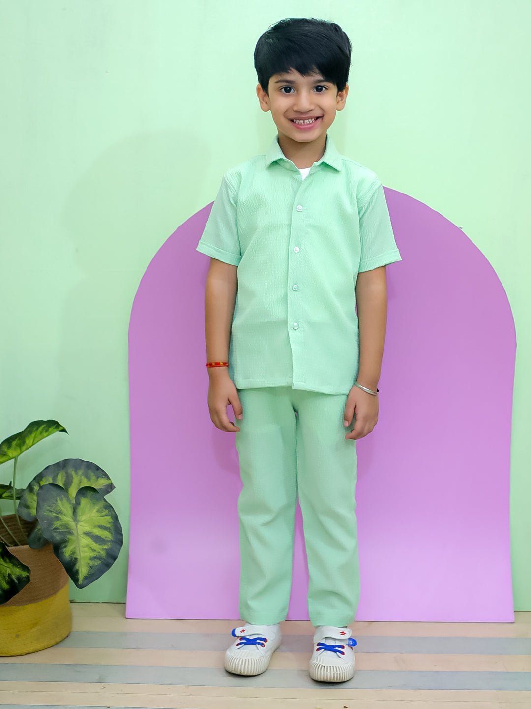 Minty Mischief Green Cotton Half Sleeve Shirt And Pants Set For Boys
