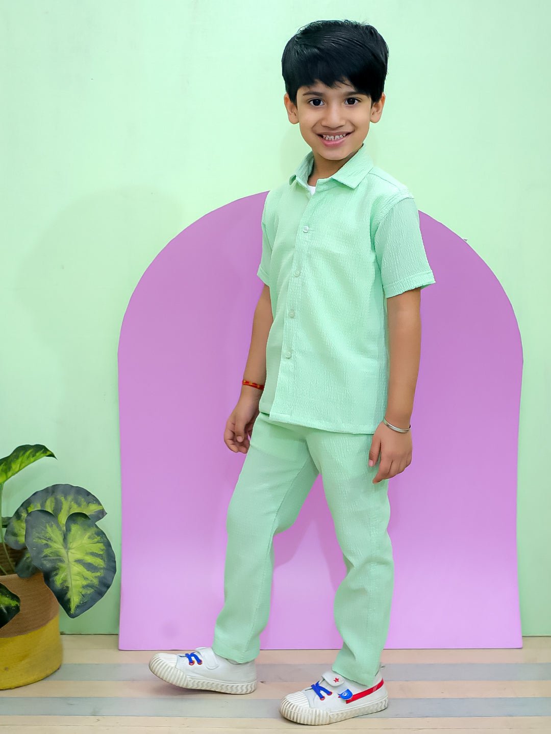 Minty Mischief Green Cotton Half Sleeve Shirt And Pants Set For Boys