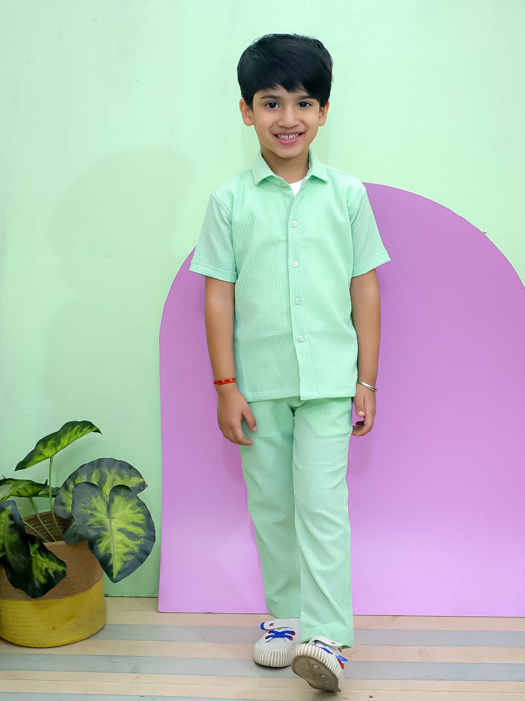 Minty Mischief Green Cotton Half Sleeve Shirt And Pants Set For Boys
