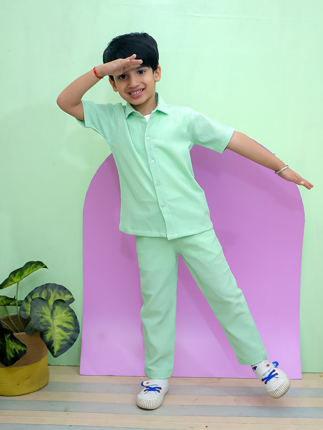 Minty Mischief Green Cotton Half Sleeve Shirt And Pants Set For Boys