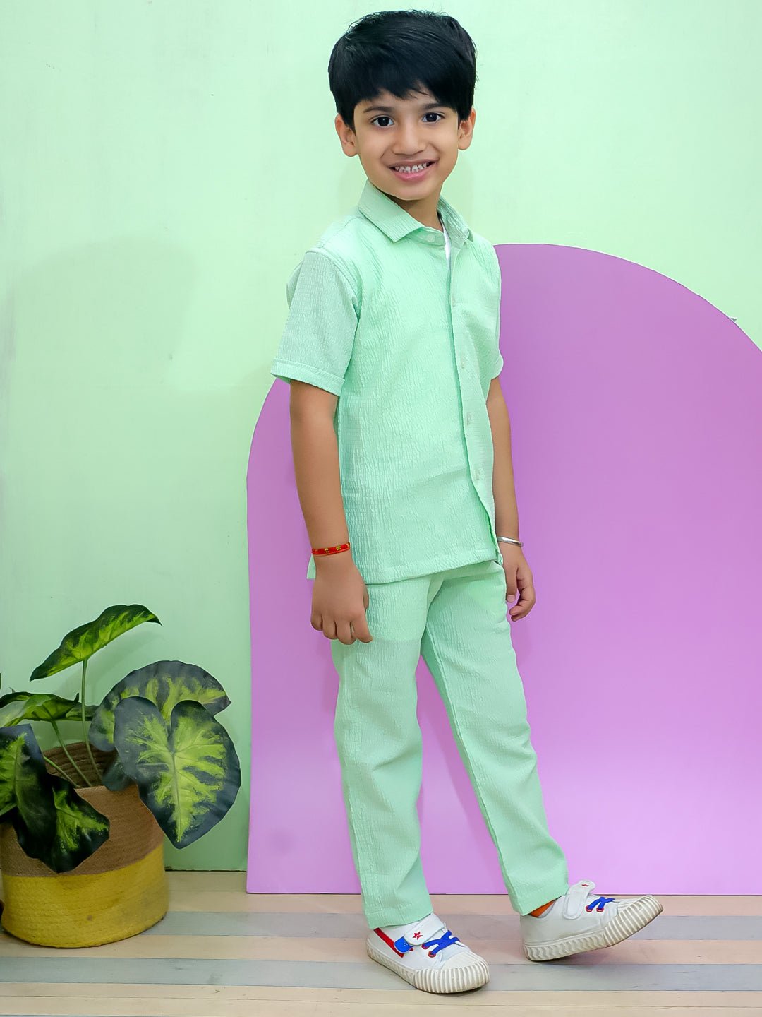 Minty Mischief Green Cotton Half Sleeve Shirt And Pants Set For Boys