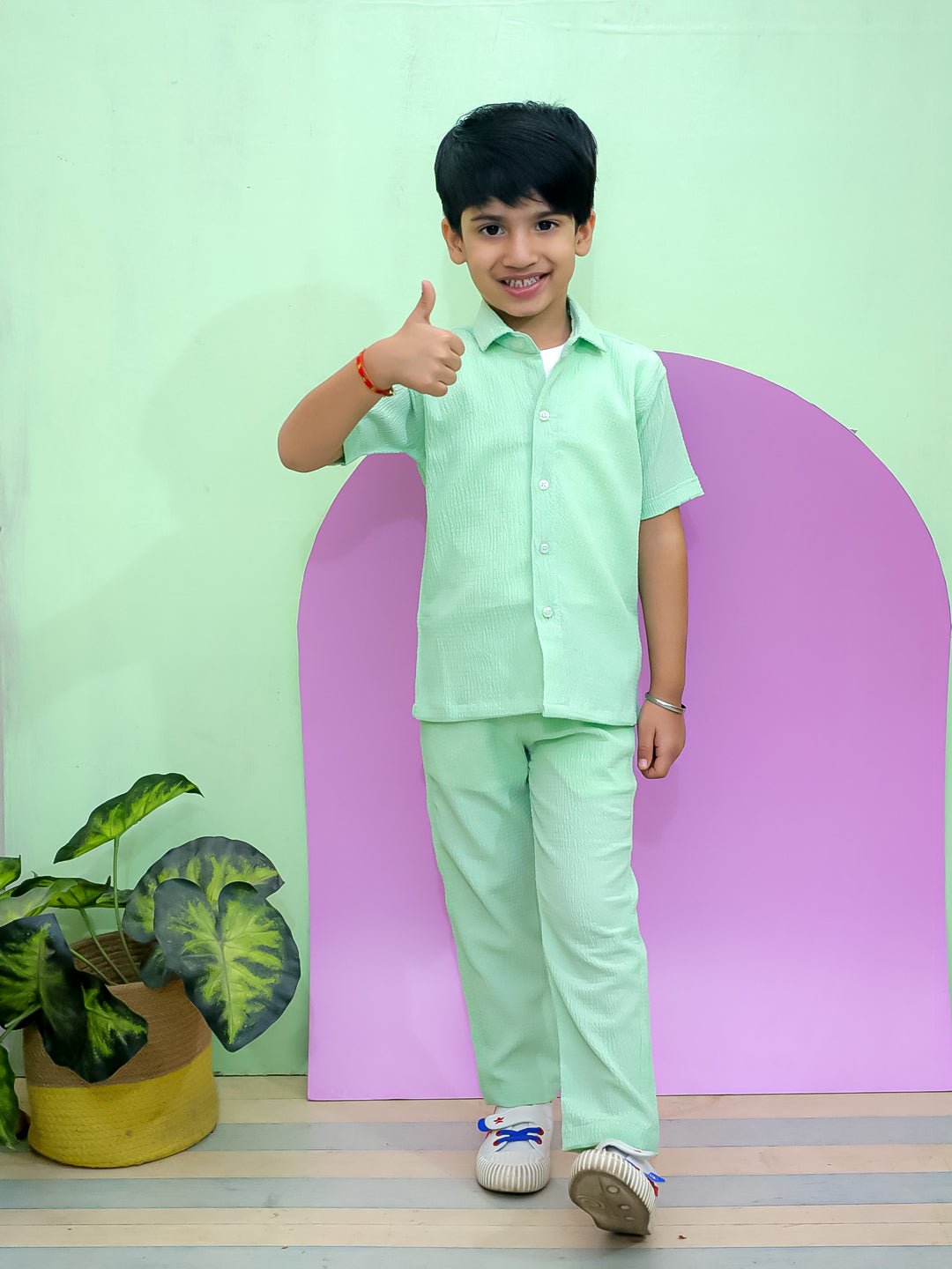 Minty Mischief Green Cotton Half Sleeve Shirt And Pants Set For Boys