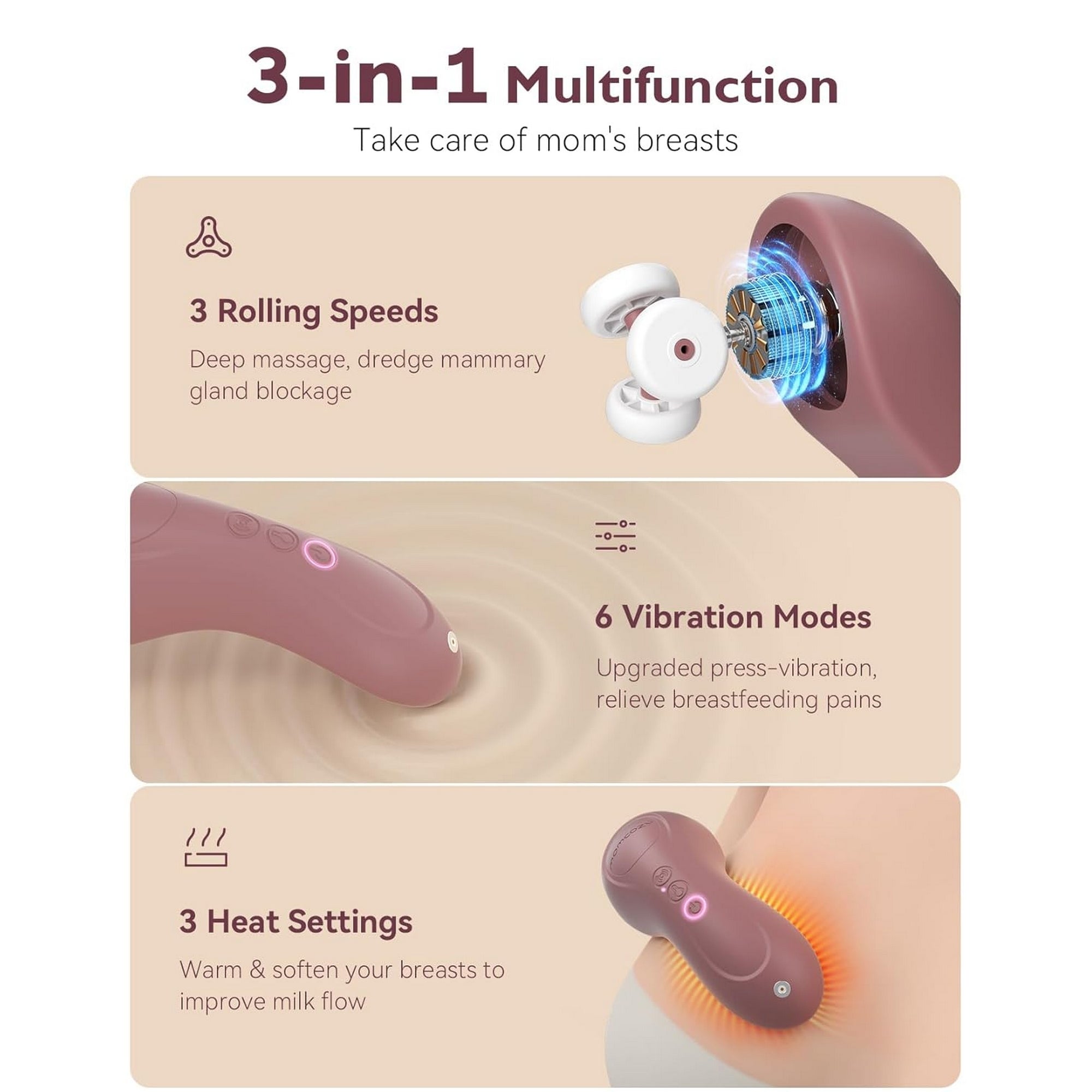 Momcozy 3-in-1 Kneading Lactation Breastfeeding Massager Maroon 0.99lb