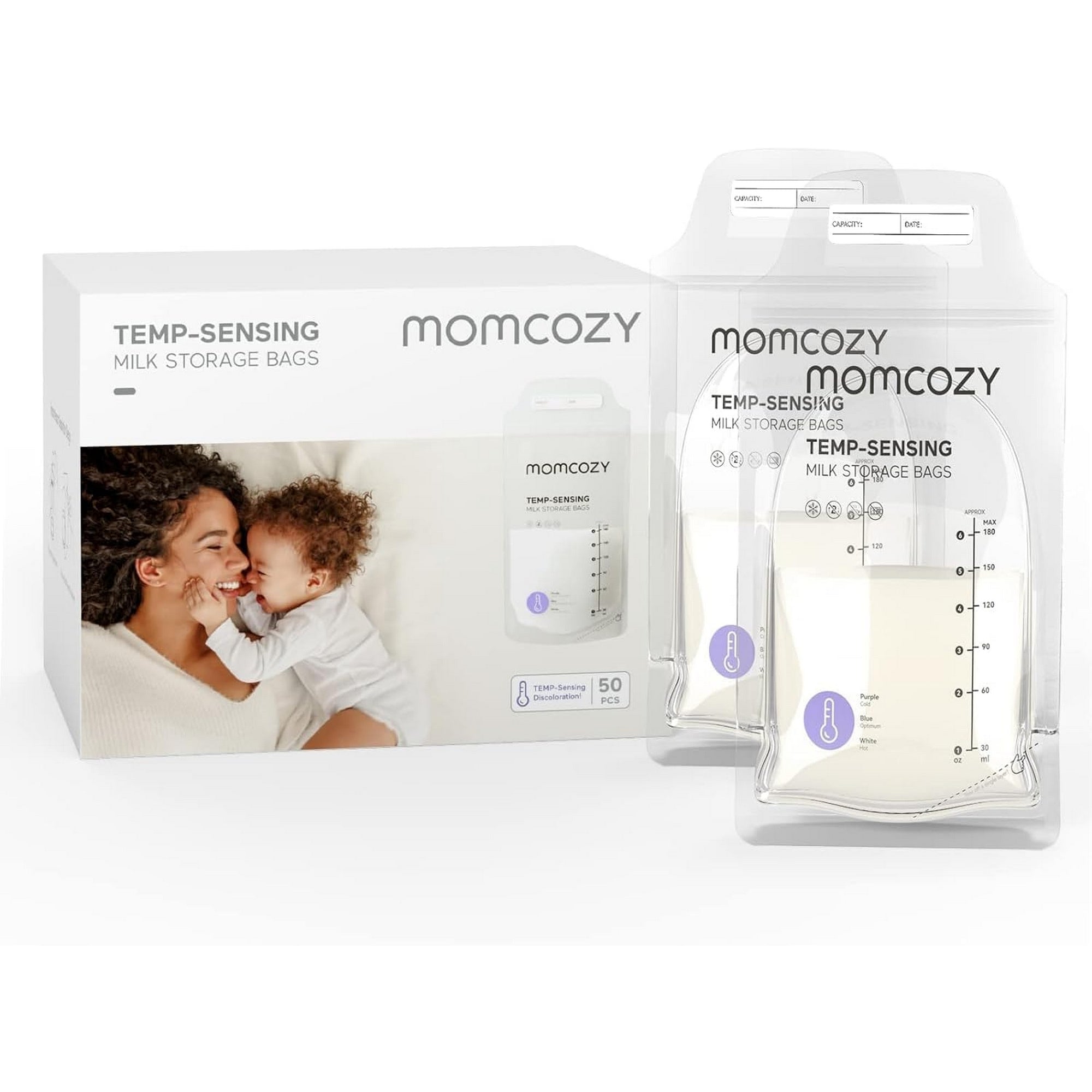 Momcozy Breastmilk Storage Bags 50 pcs TEMP-Sensing Double Zipper Transparent 180ml