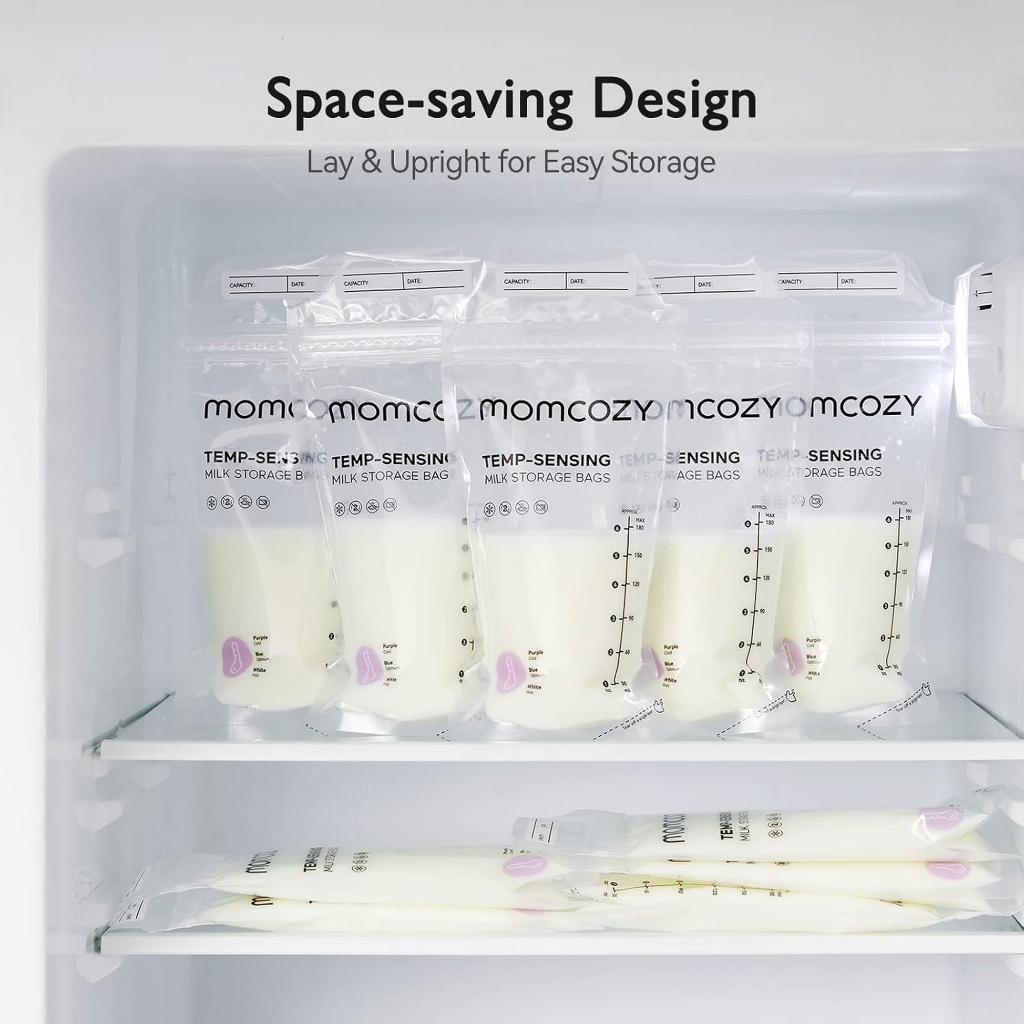 Momcozy Breastmilk Storage Bags 50 pcs TEMP-Sensing Double Zipper Transparent 180ml