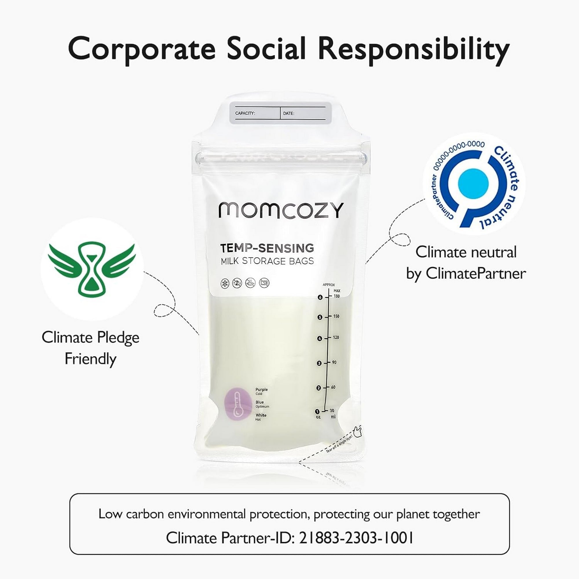 Momcozy Breastmilk Storage Bags 50 pcs TEMP-Sensing Double Zipper Transparent 180ml