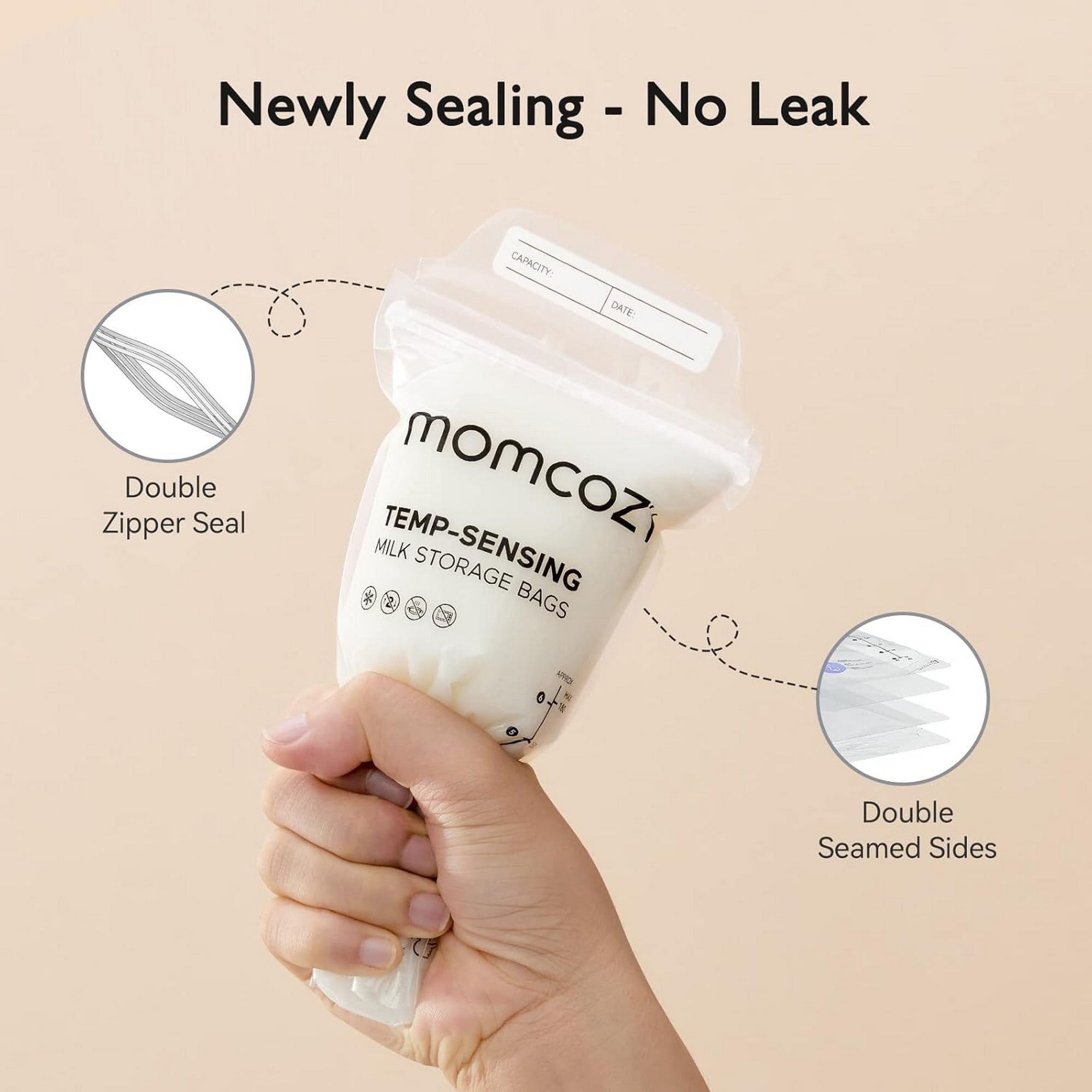 Momcozy Breastmilk Storage Bags 50 pcs TEMP-Sensing Double Zipper Transparent 180ml
