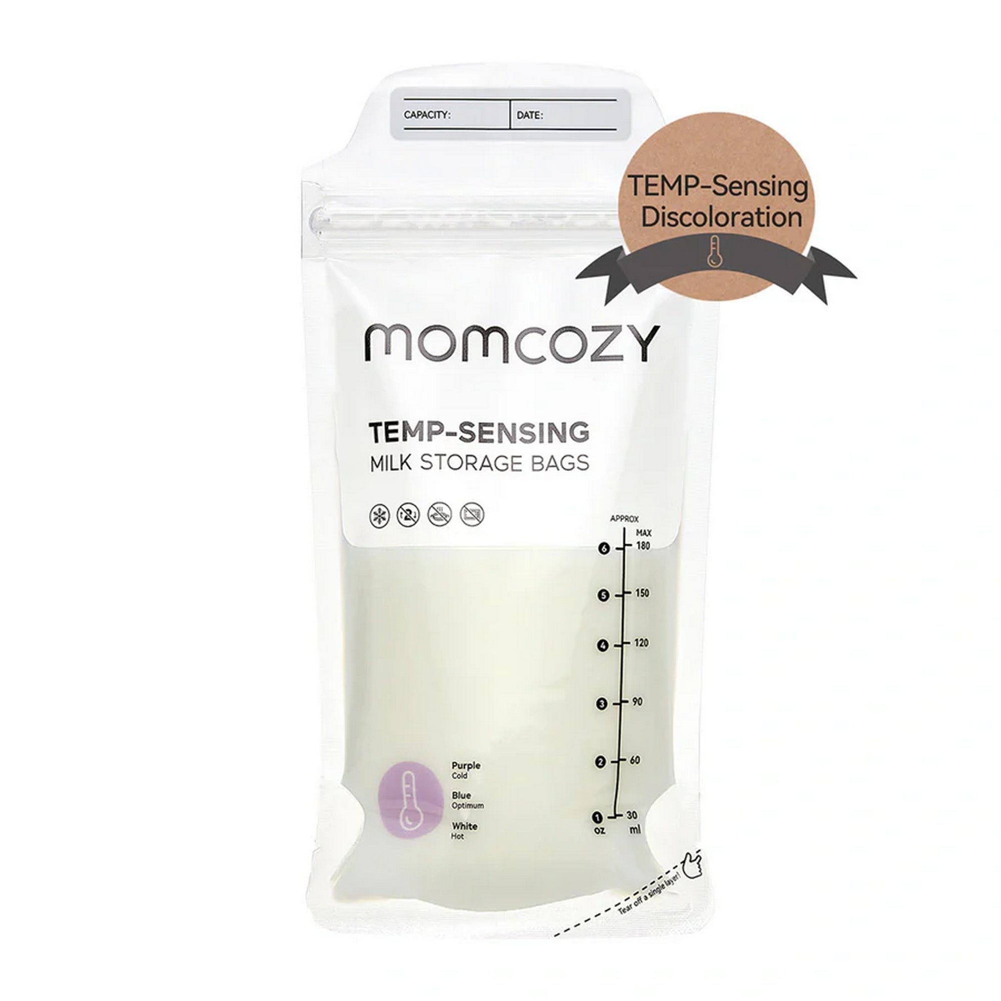 Momcozy Breastmilk Storage Bags 50 pcs TEMP-Sensing Double Zipper Transparent 180ml