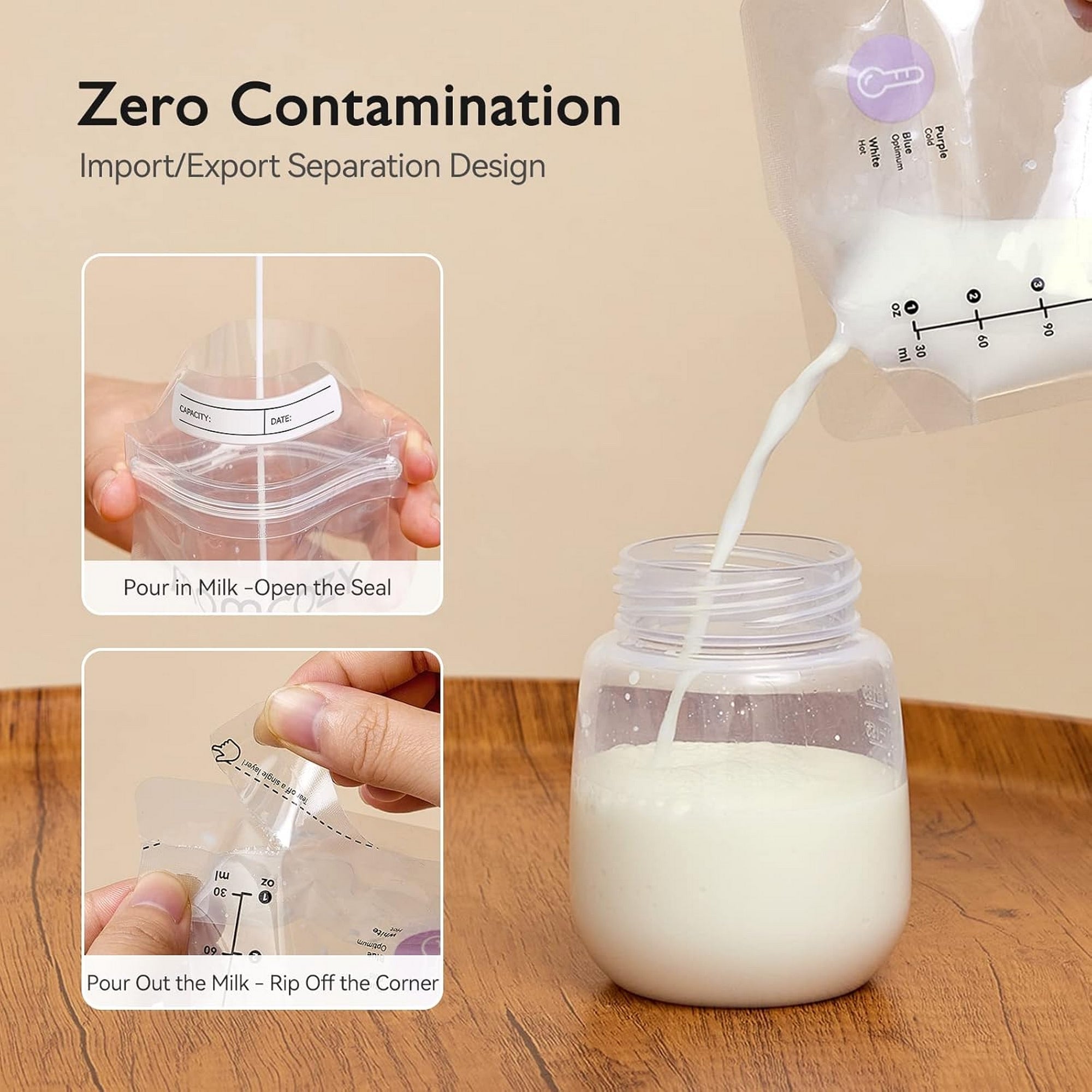 Momcozy Breastmilk Storage Bags 50 pcs TEMP-Sensing Double Zipper Transparent 180ml