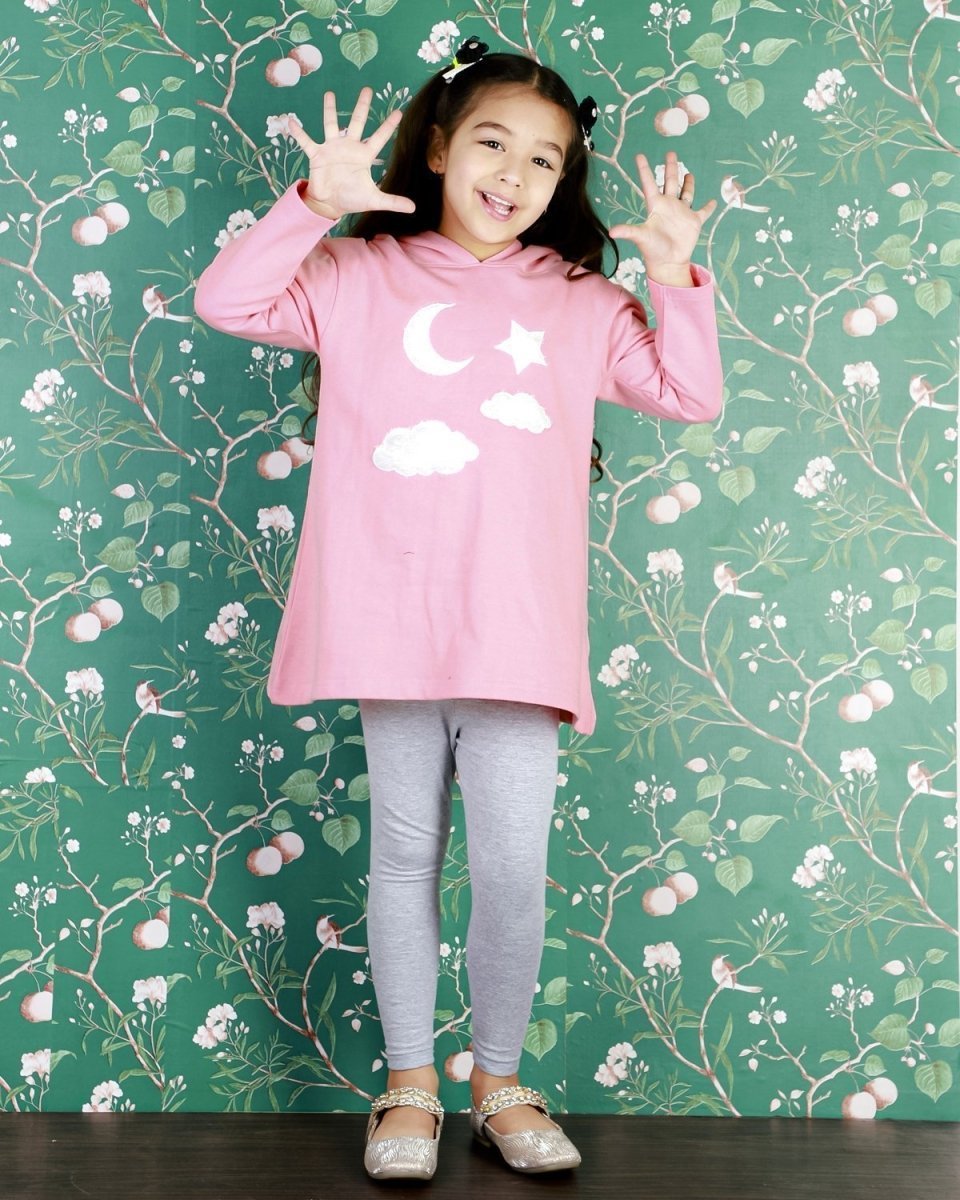 Moon Magic Girls Hooded Sweater Dress With Grey Leggings