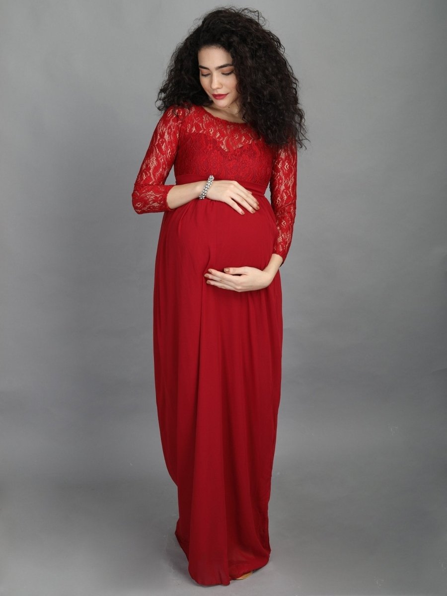  Mulberry Lace Sleeve Maternity and Nursing Gown Maroon