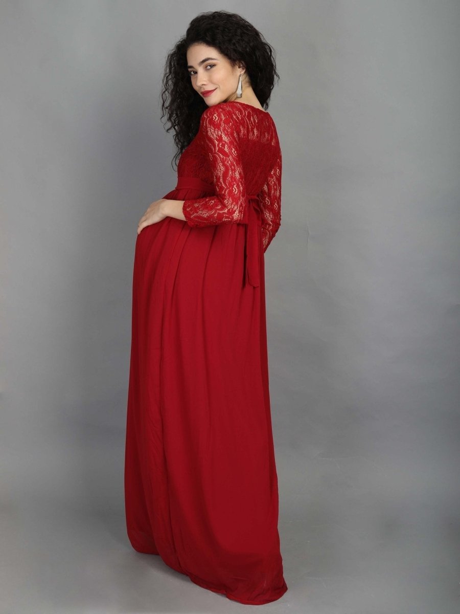  Mulberry Lace Sleeve Maternity and Nursing Gown Maroon