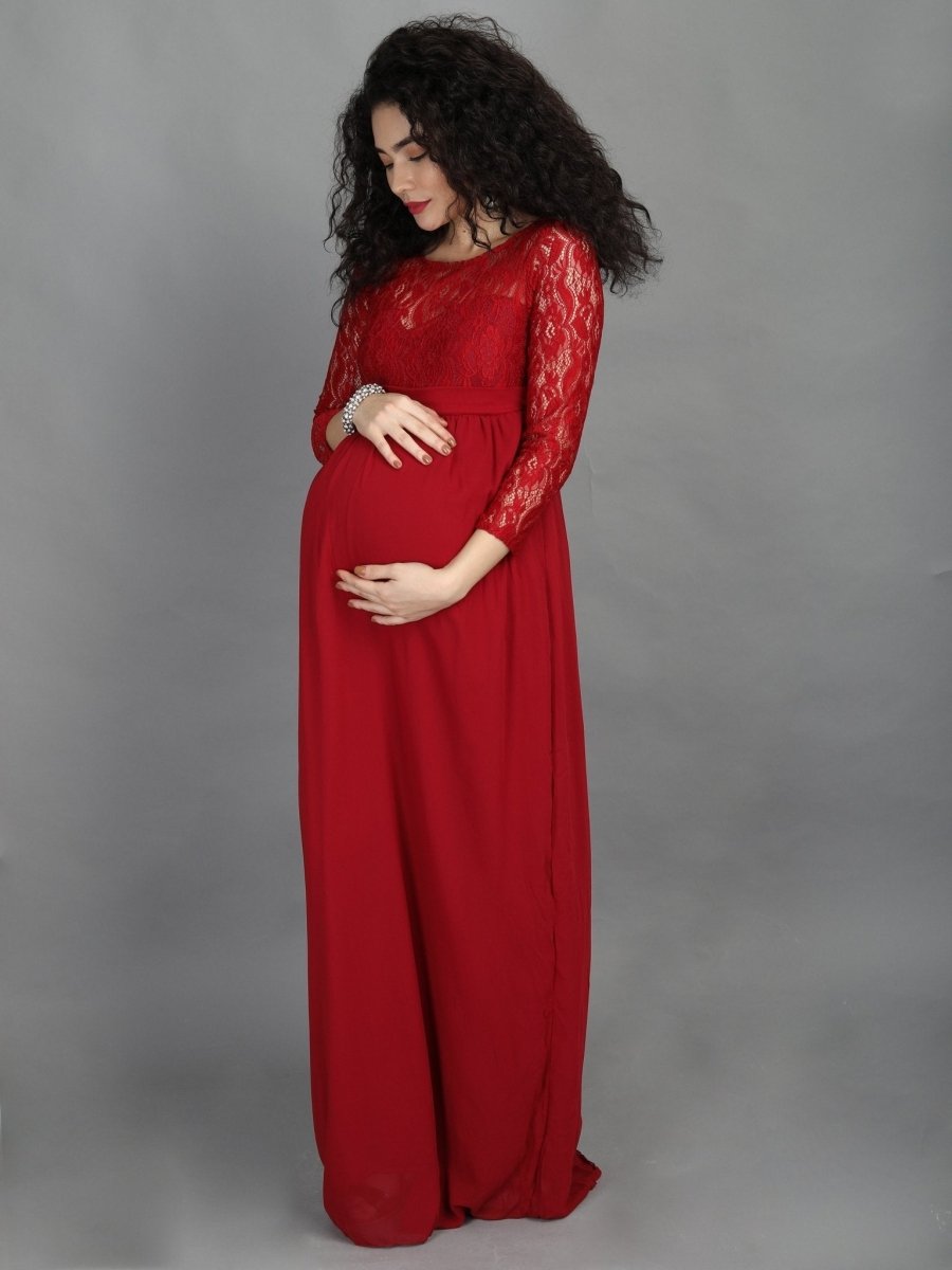  Mulberry Lace Sleeve Maternity and Nursing Gown Maroon