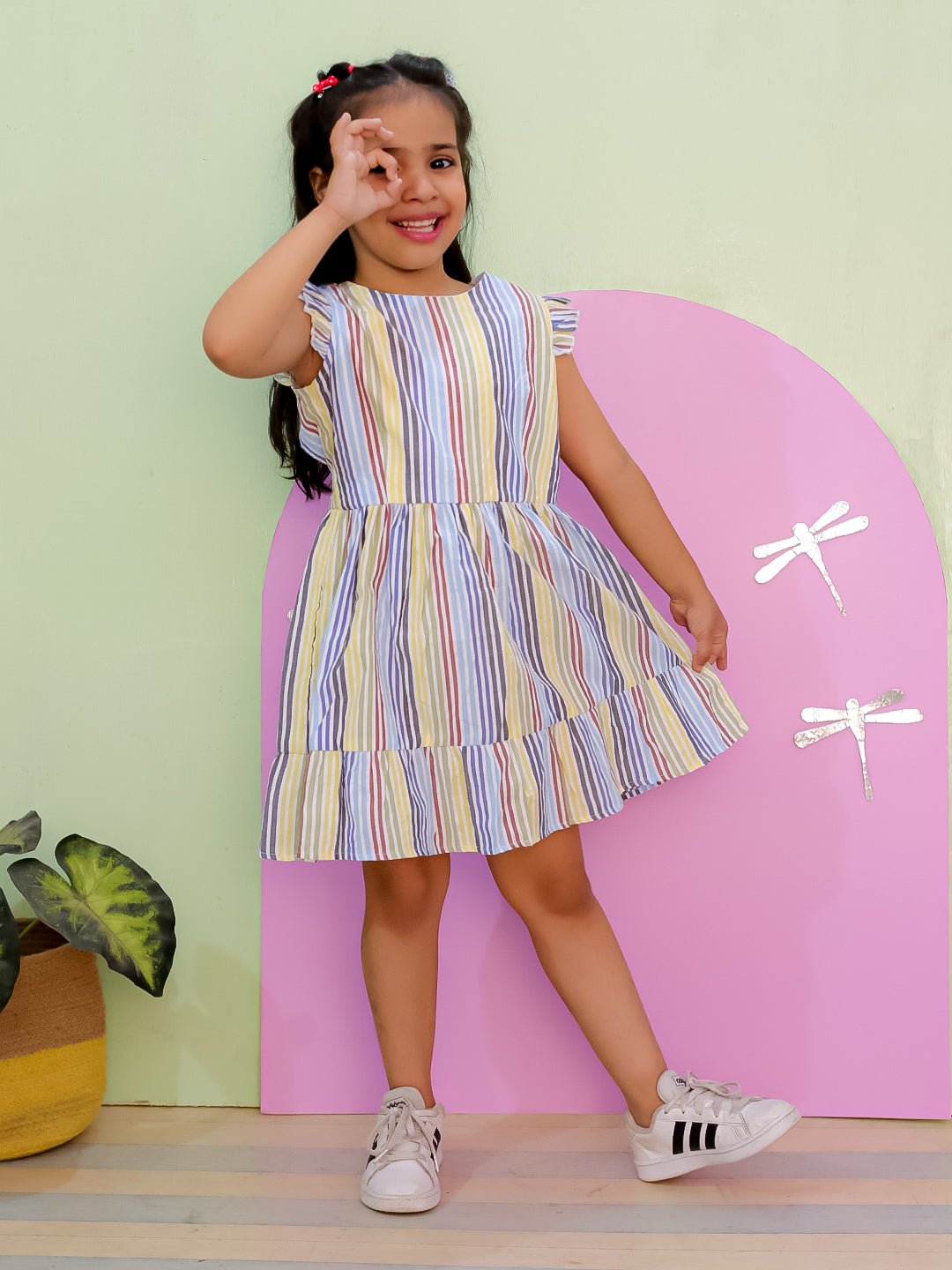 Multi Color Striped Girls Dress With Bow For Kids
