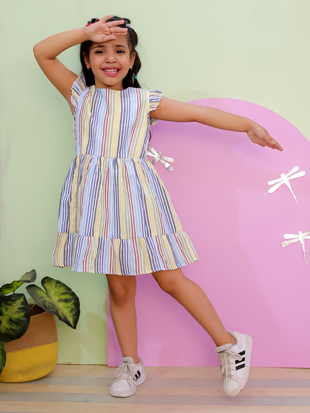 Multi Color Striped Girls Dress With Bow For Kids
