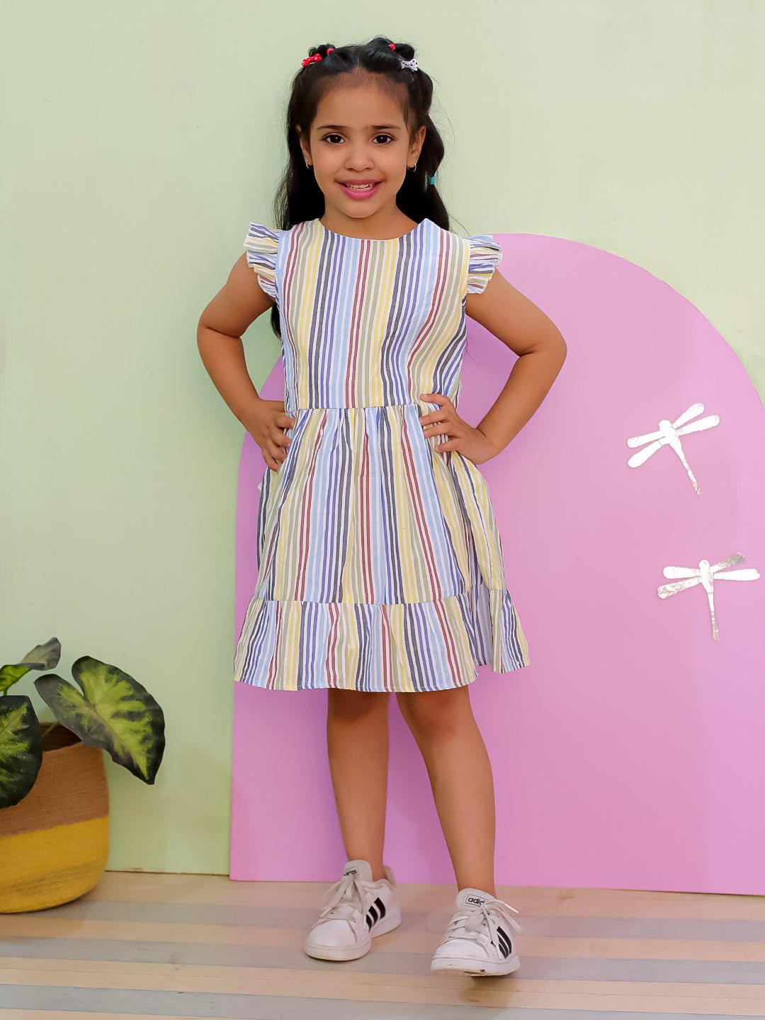 Multi Color Striped Girls Dress With Bow For Kids