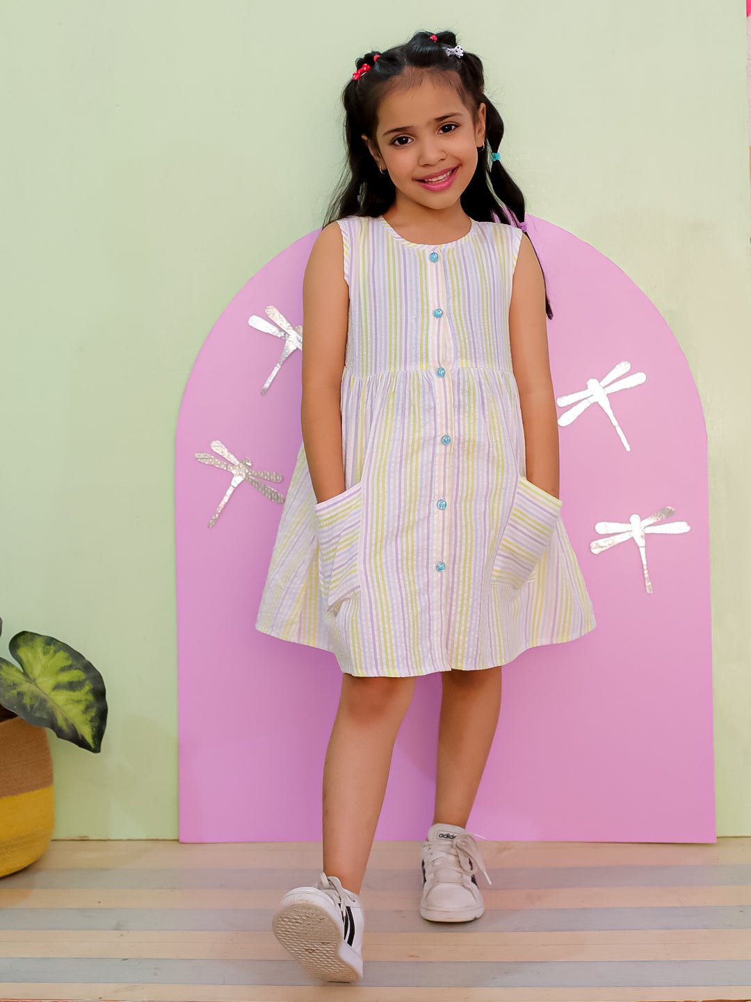 Multi Color Striped Cotton Dress With Patch Pockets For Girls