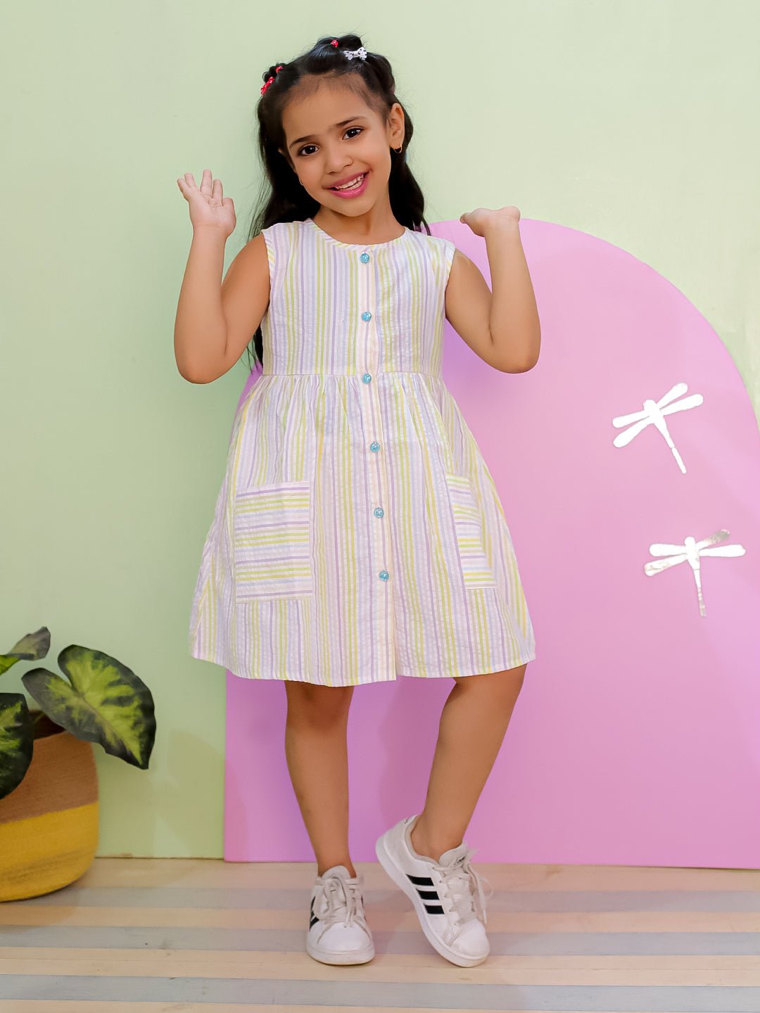 Multi Color Striped Cotton Dress With Patch Pockets For Girls