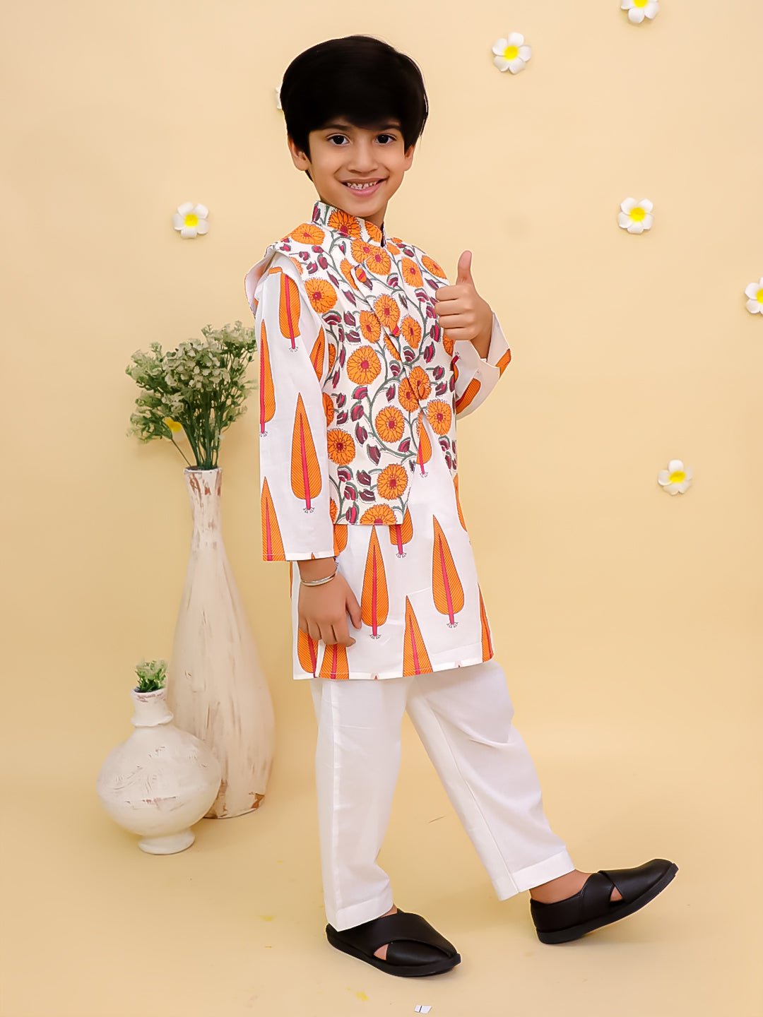 Narangi Boys Jacket And Kurta Pajama Set
