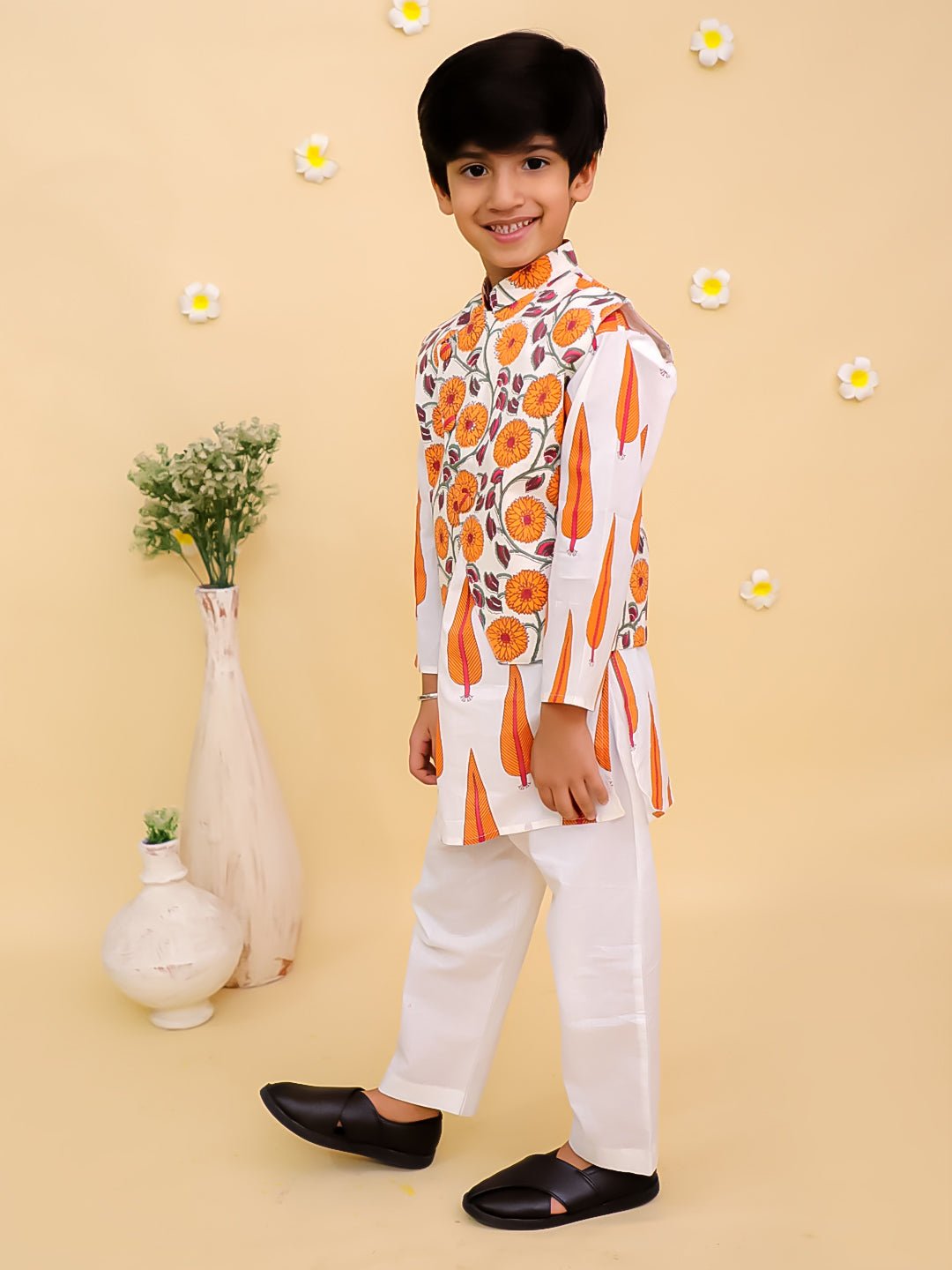 Narangi Boys Jacket And Kurta Pajama Set