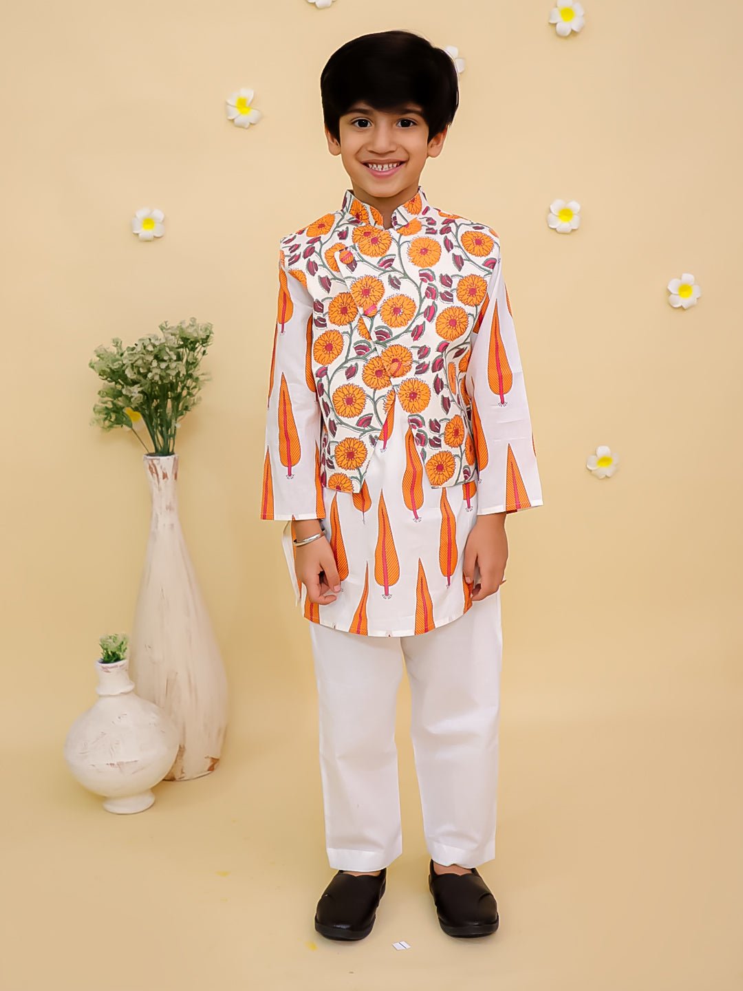 Narangi Boys Jacket And Kurta Pajama Set