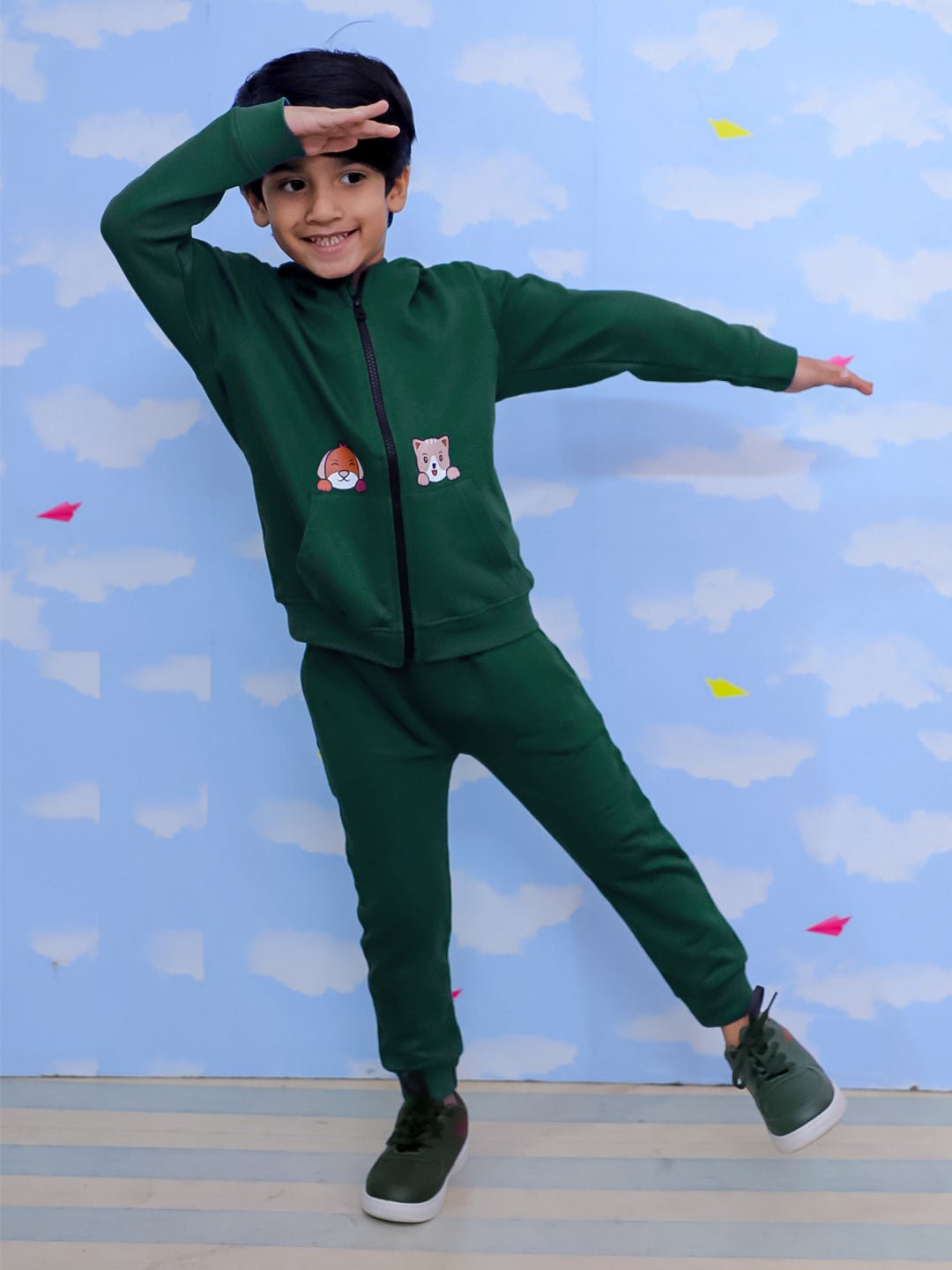  Naughty Puppies Zipper Jacket Bottle Green Sweatpants Set For Kids