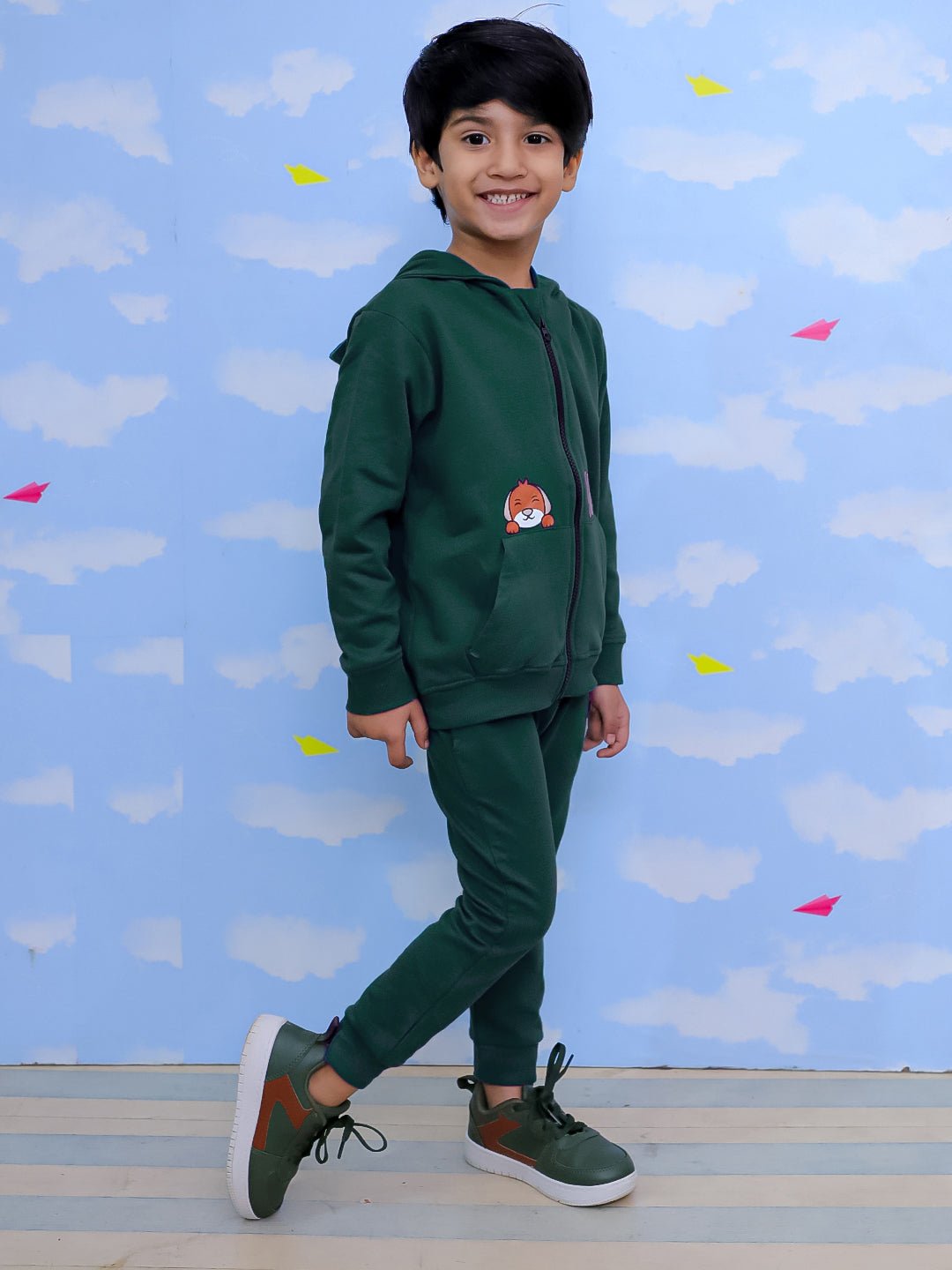  Naughty Puppies Zipper Jacket Bottle Green Sweatpants Set For Kids