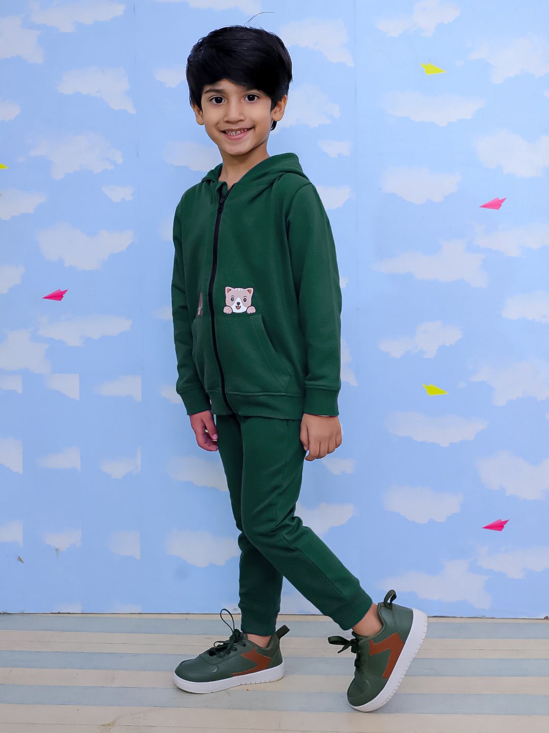  Naughty Puppies Zipper Jacket Bottle Green Sweatpants Set For Kids