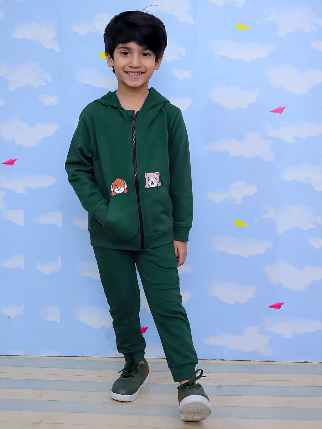  Naughty Puppies Zipper Jacket Bottle Green Sweatpants Set For Kids